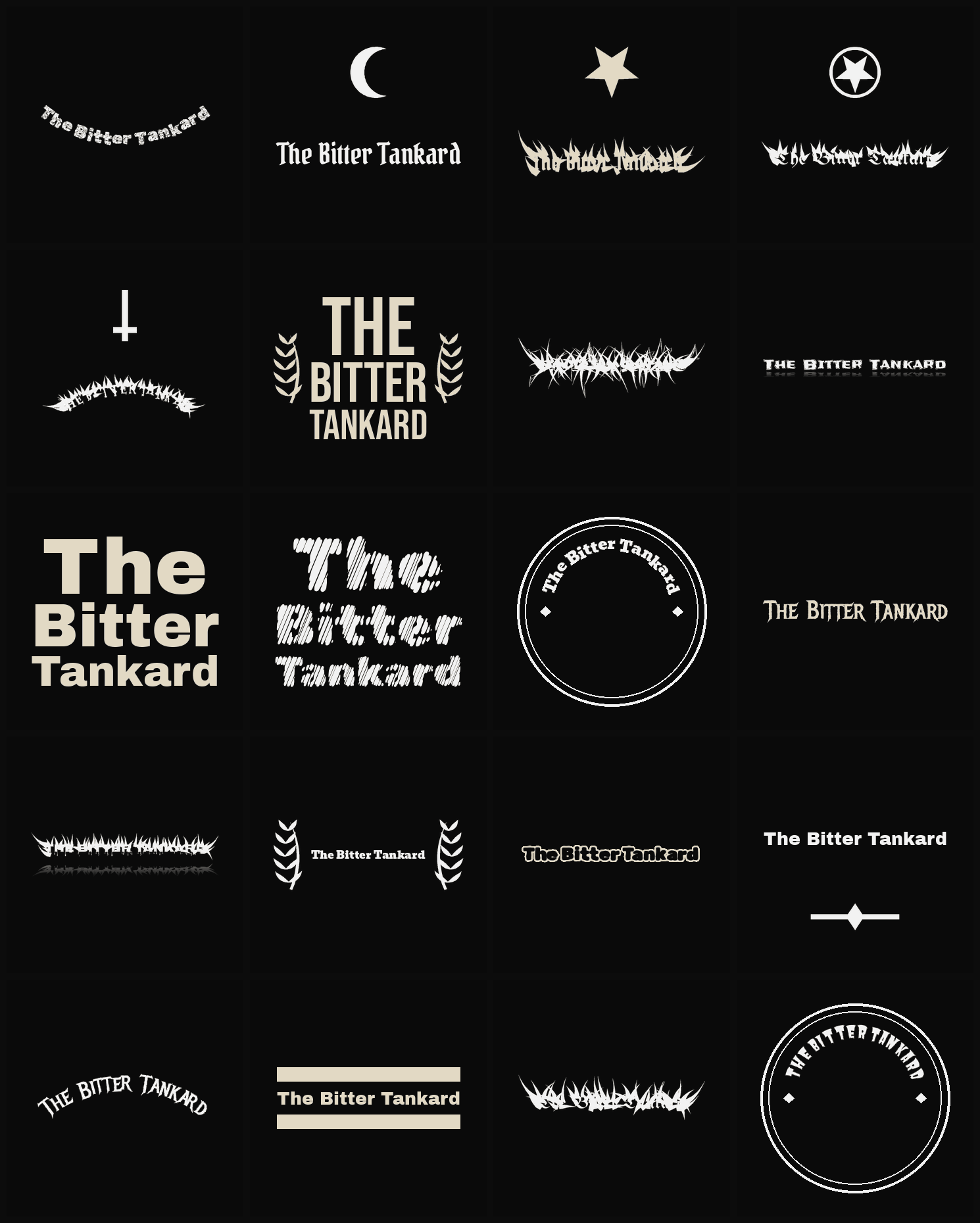 Twenty The Bitter Tankard band logo ideas — different faces, treatments and spike settings