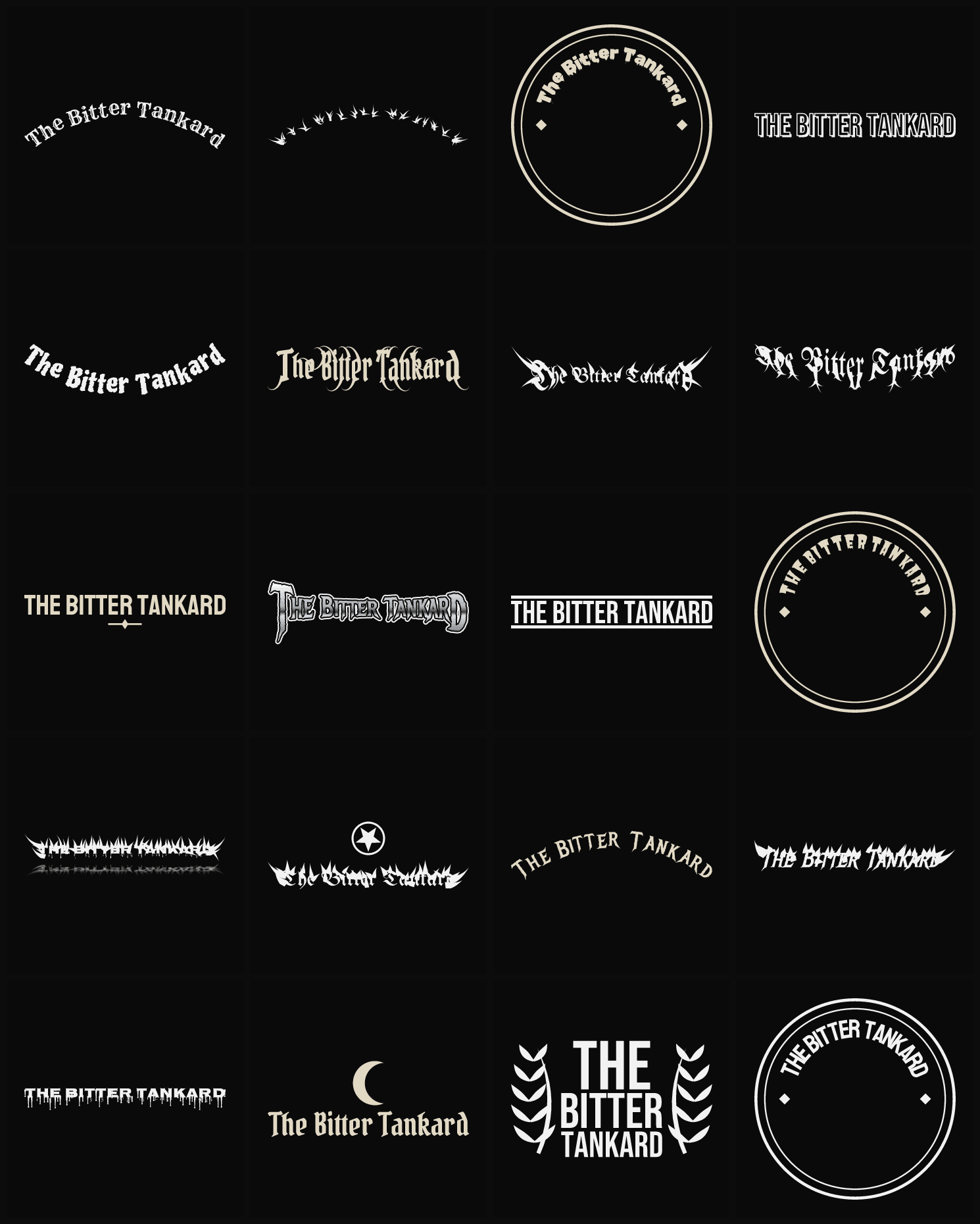 Twenty The Bitter Tankard band logo ideas — different faces, treatments and spike settings