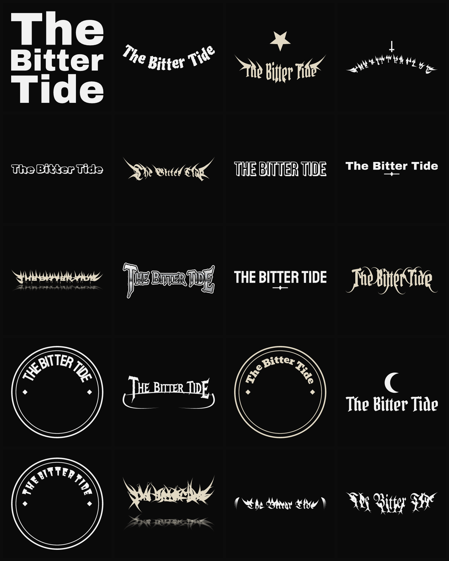 Twenty The Bitter Tide band logo ideas — different faces, treatments and spike settings