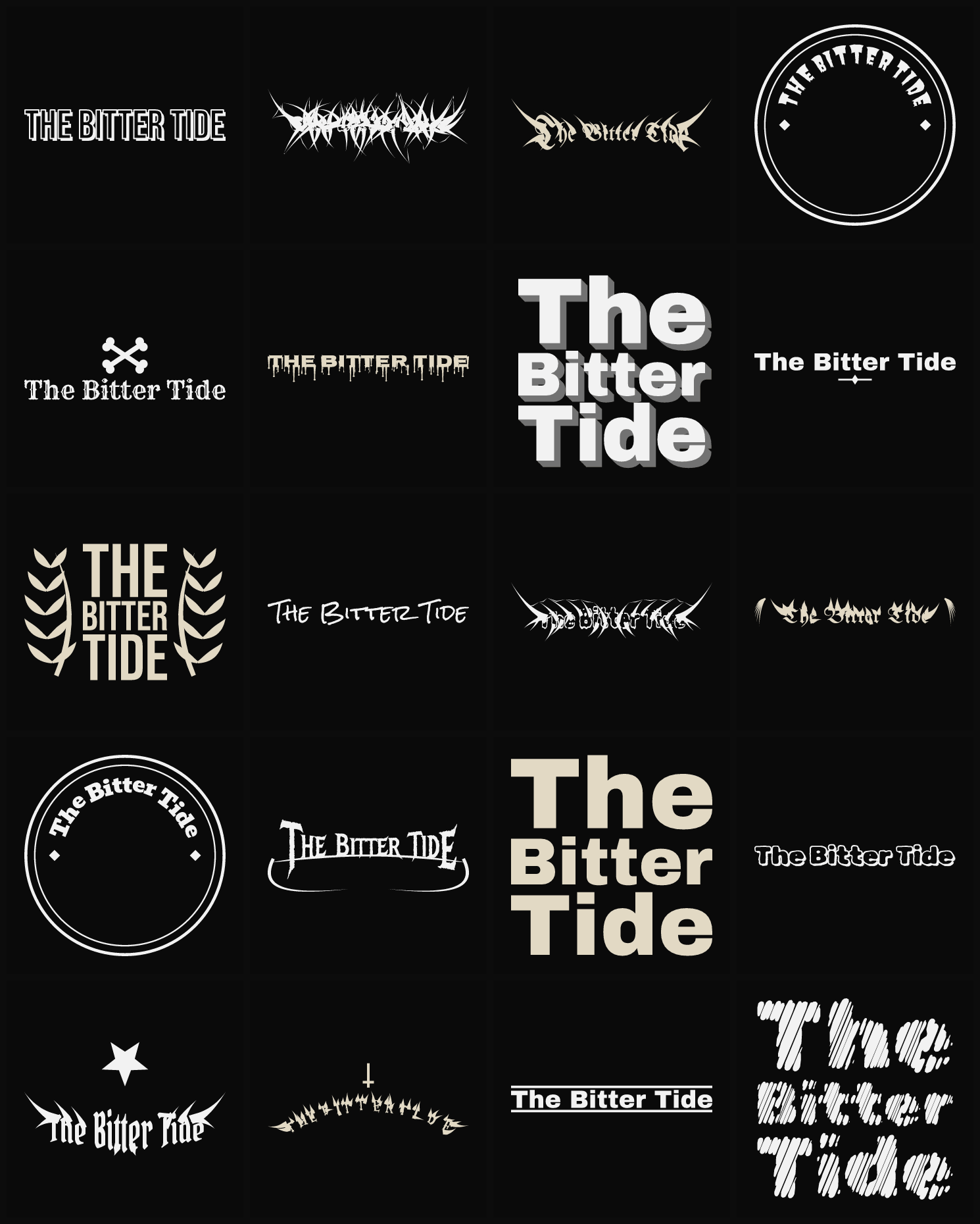 Twenty The Bitter Tide band logo ideas — different faces, treatments and spike settings