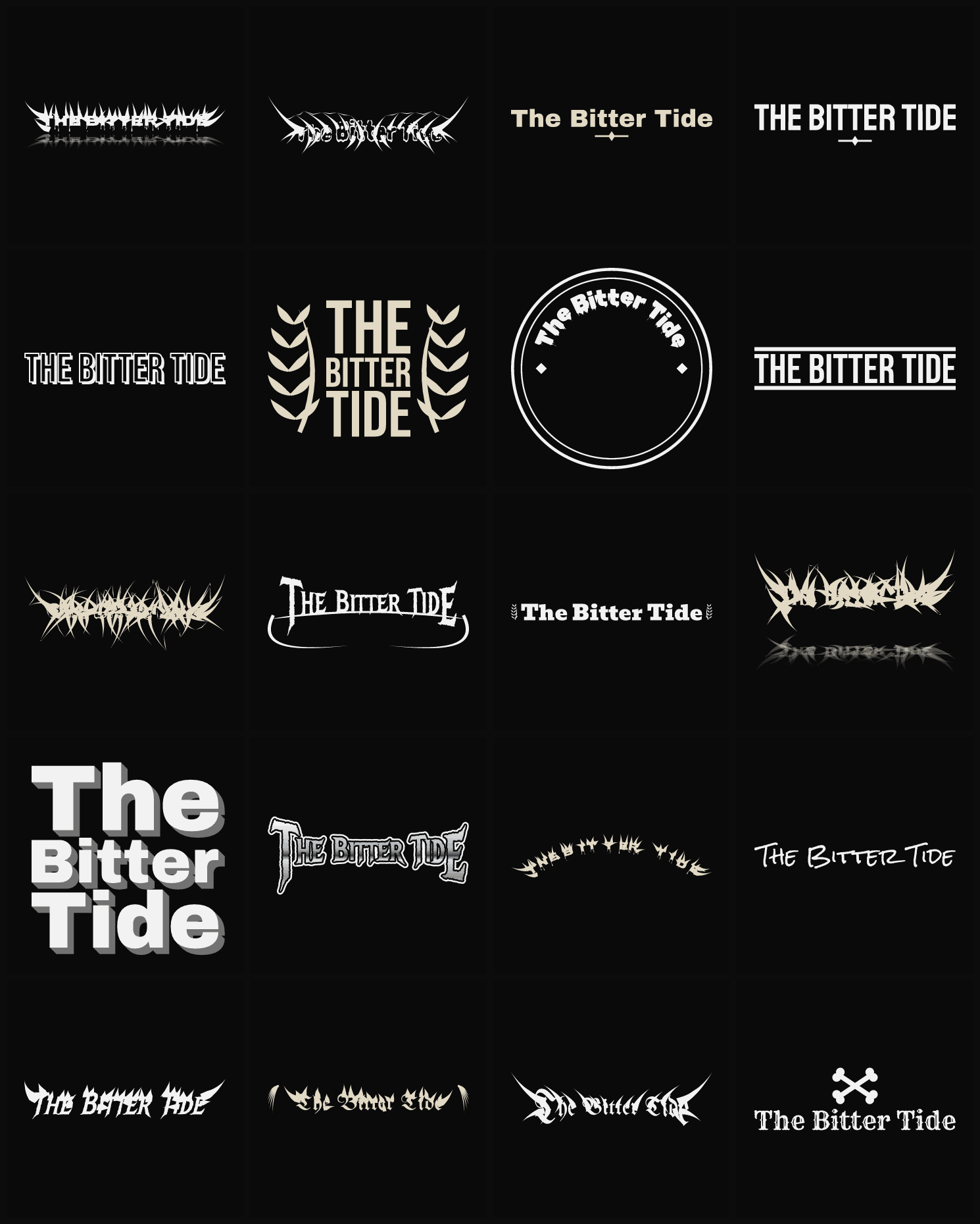 Twenty The Bitter Tide band logo ideas — different faces, treatments and spike settings