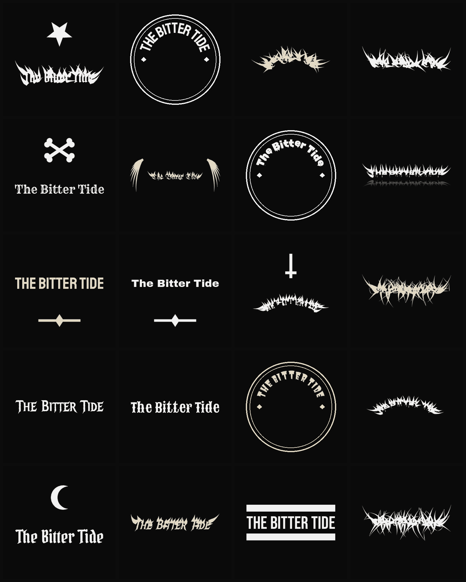 Twenty The Bitter Tide band logo ideas — different faces, treatments and spike settings