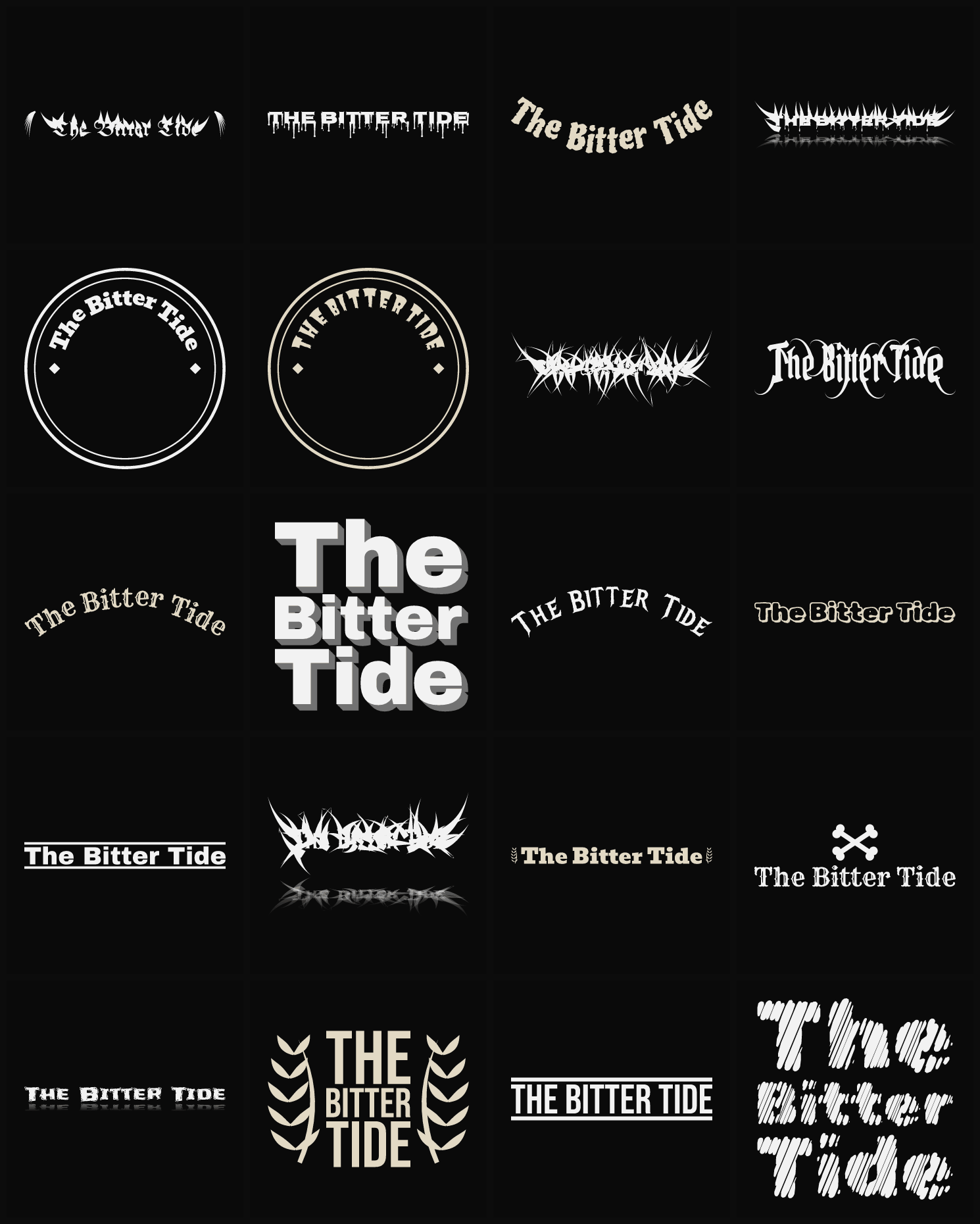 Twenty The Bitter Tide band logo ideas — different faces, treatments and spike settings