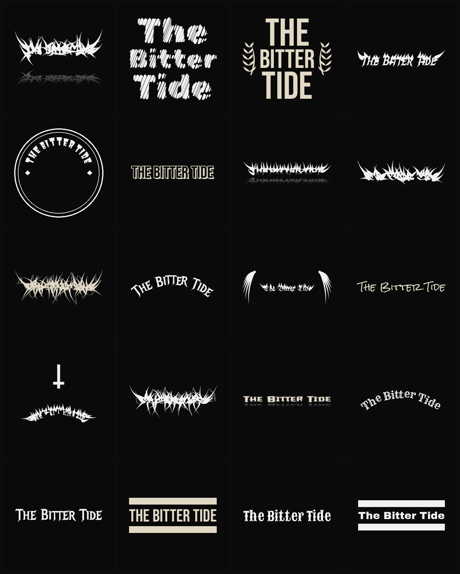 Twenty The Bitter Tide band logo ideas — different faces, treatments and spike settings