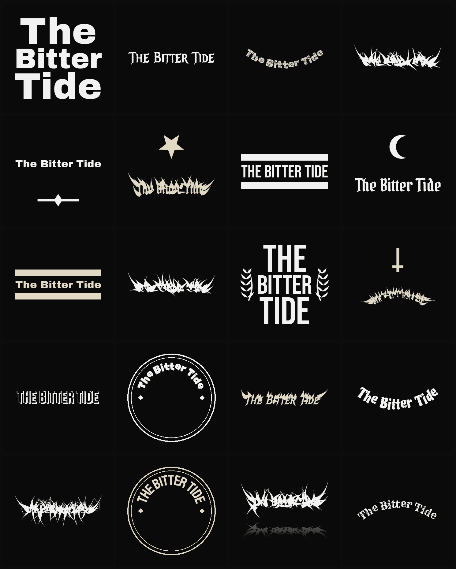 Twenty The Bitter Tide band logo ideas — different faces, treatments and spike settings