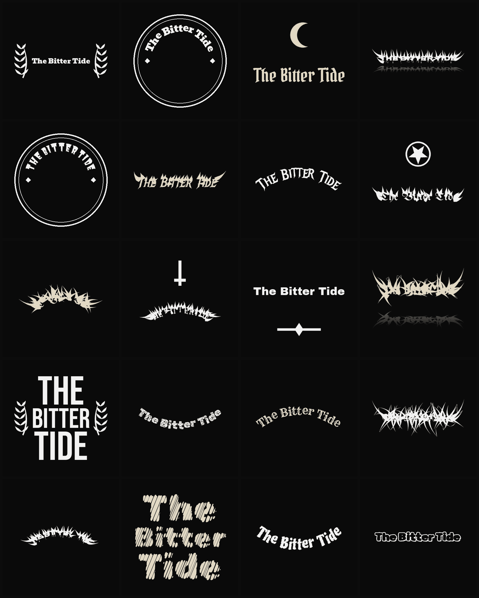 Twenty The Bitter Tide band logo ideas — different faces, treatments and spike settings