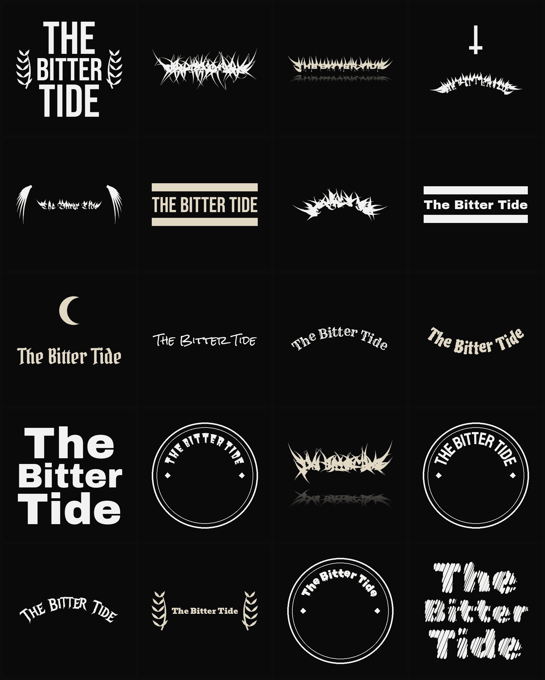 Twenty The Bitter Tide band logo ideas — different faces, treatments and spike settings