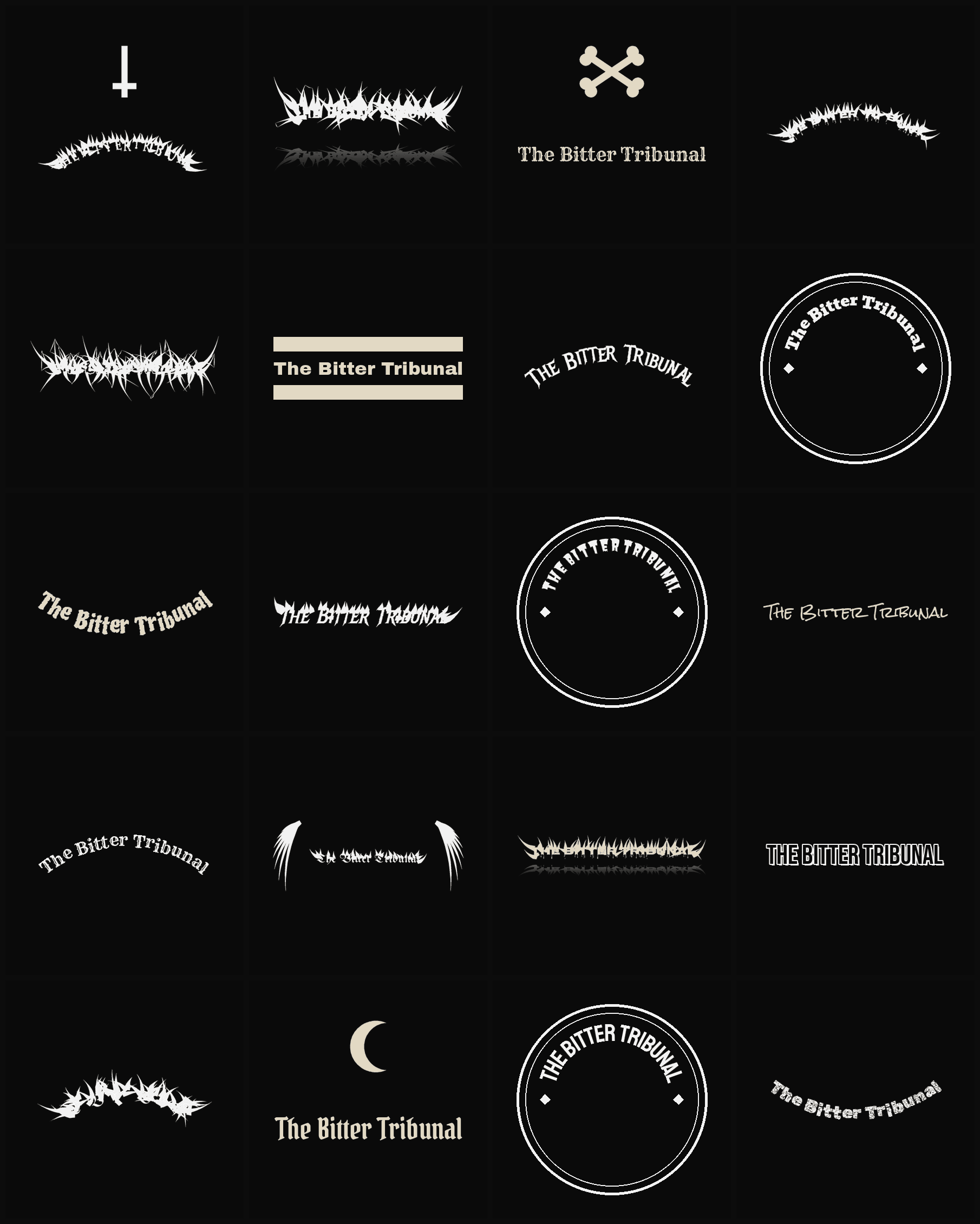 Twenty The Bitter Tribunal band logo ideas — different faces, treatments and spike settings