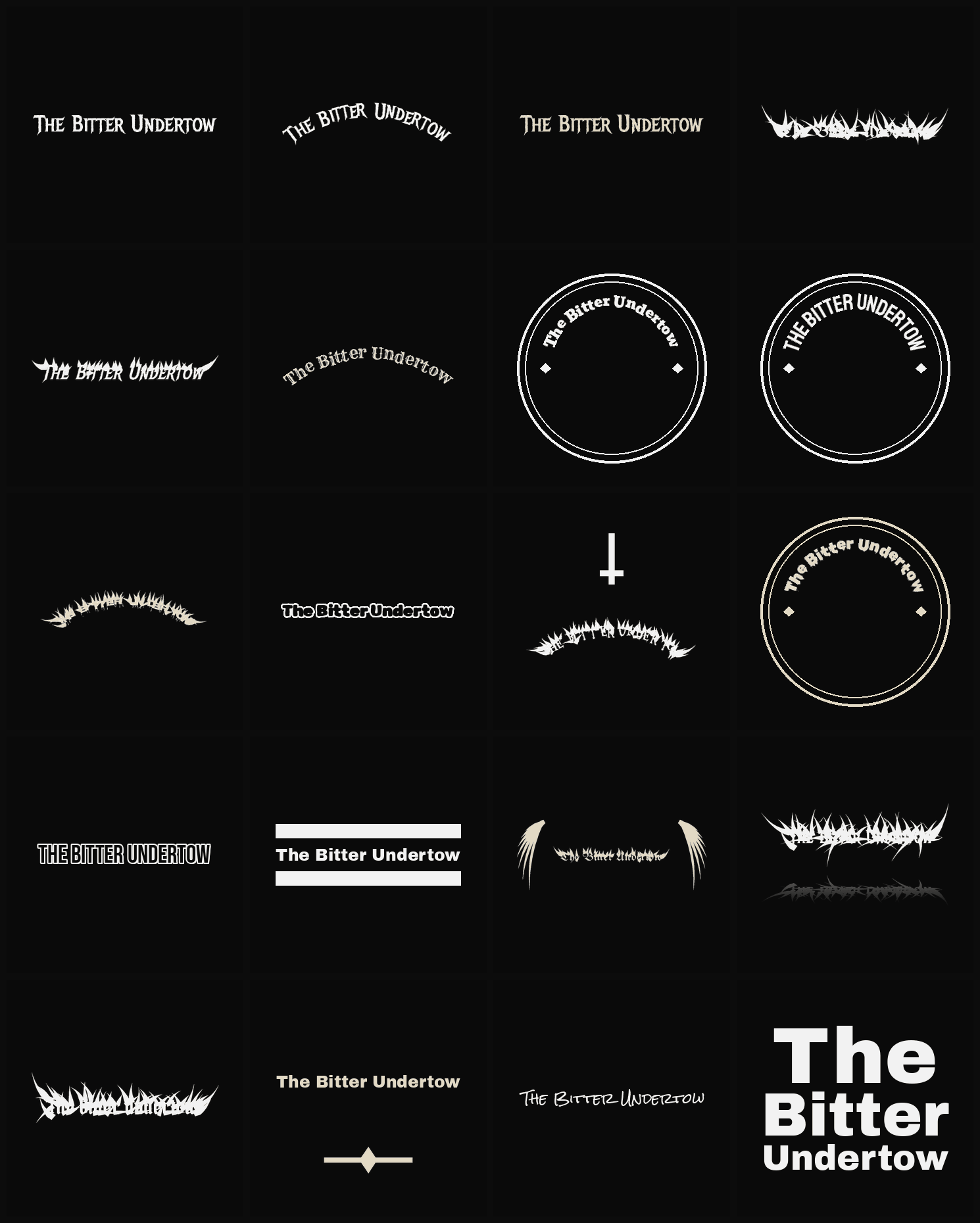 Twenty The Bitter Undertow band logo ideas — different faces, treatments and spike settings