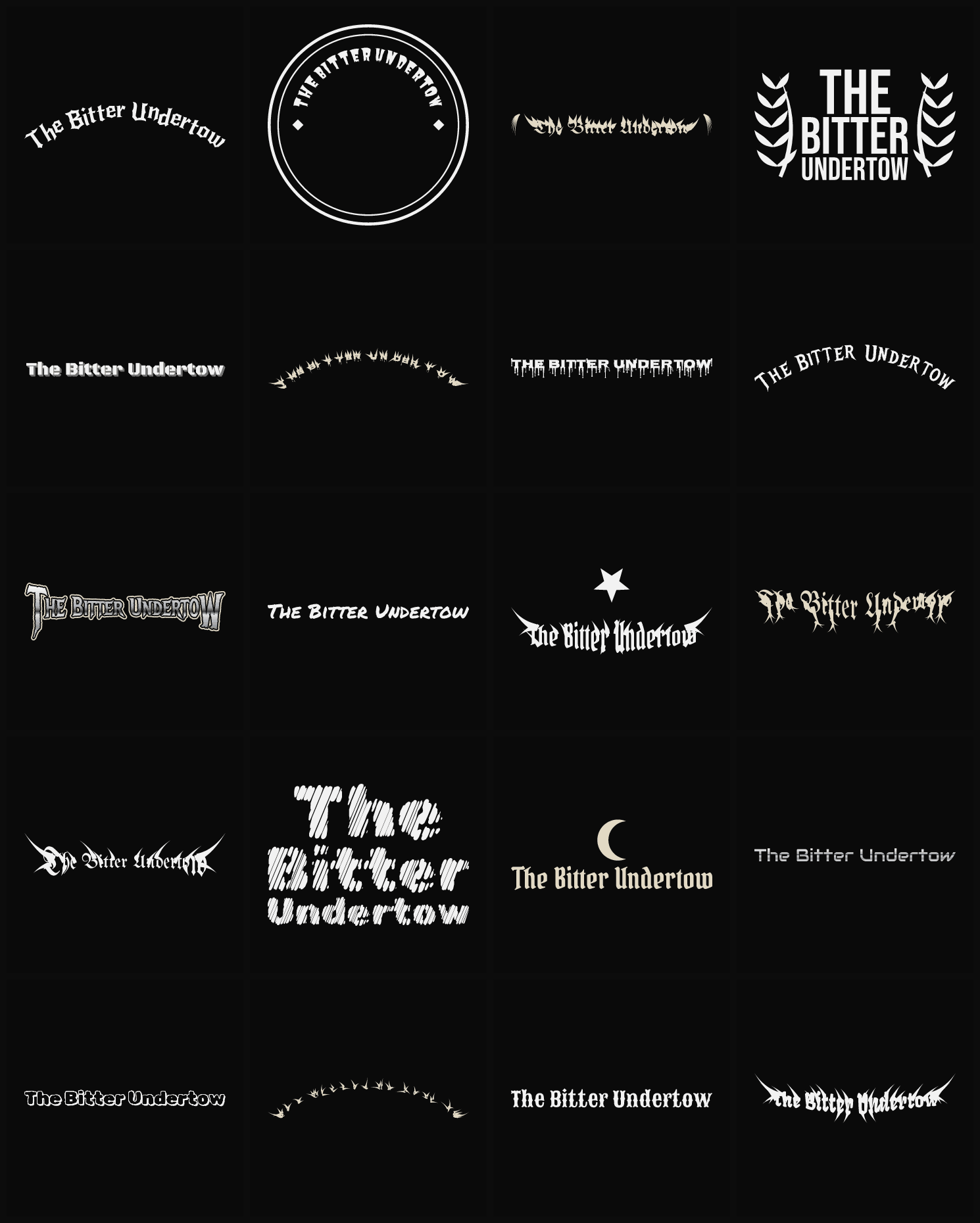 Twenty The Bitter Undertow band logo ideas — different faces, treatments and spike settings