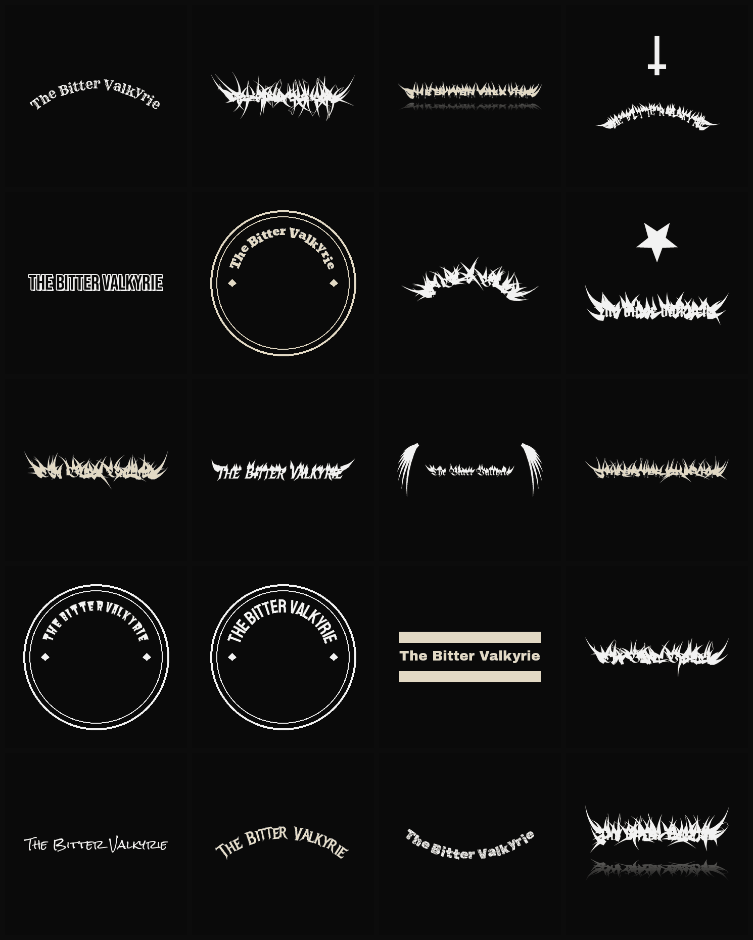 Twenty The Bitter Valkyrie band logo ideas — different faces, treatments and spike settings