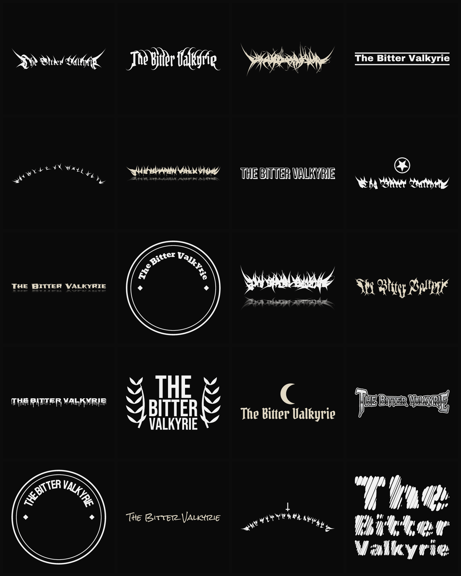 Twenty The Bitter Valkyrie band logo ideas — different faces, treatments and spike settings