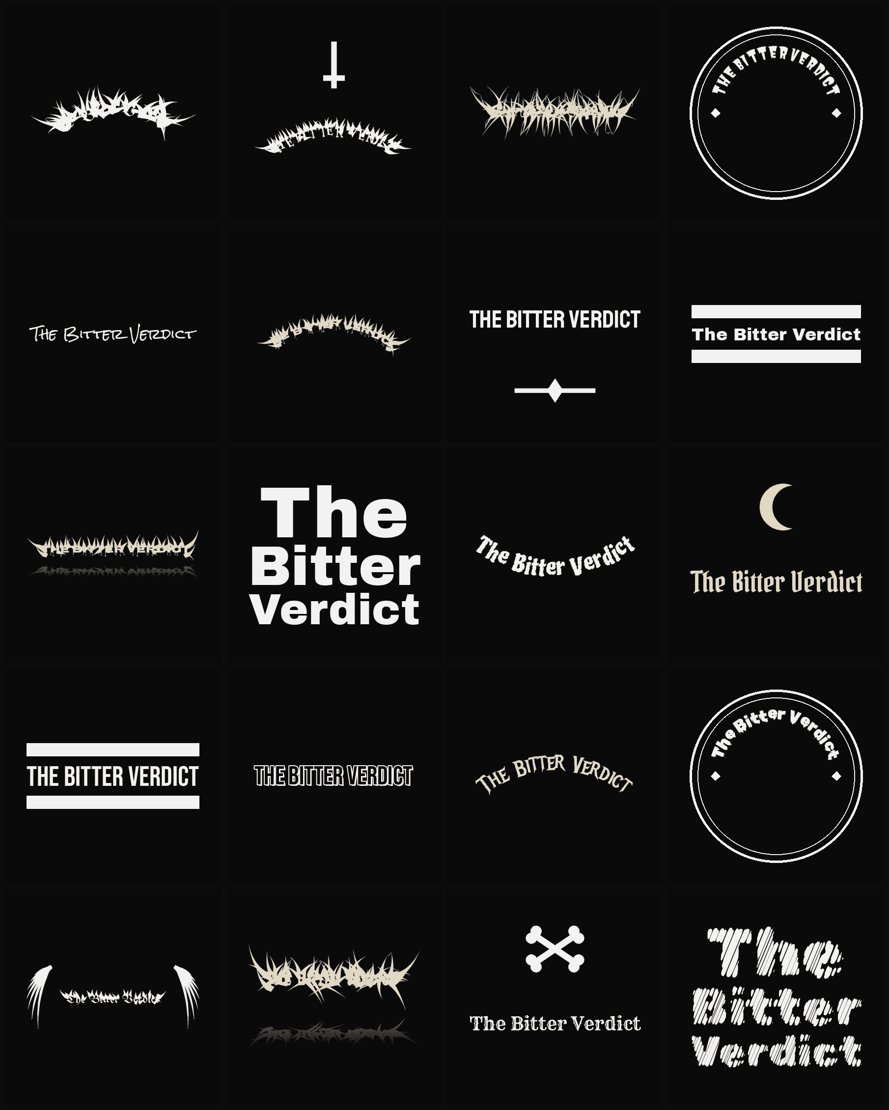 Twenty The Bitter Verdict band logo ideas — different faces, treatments and spike settings