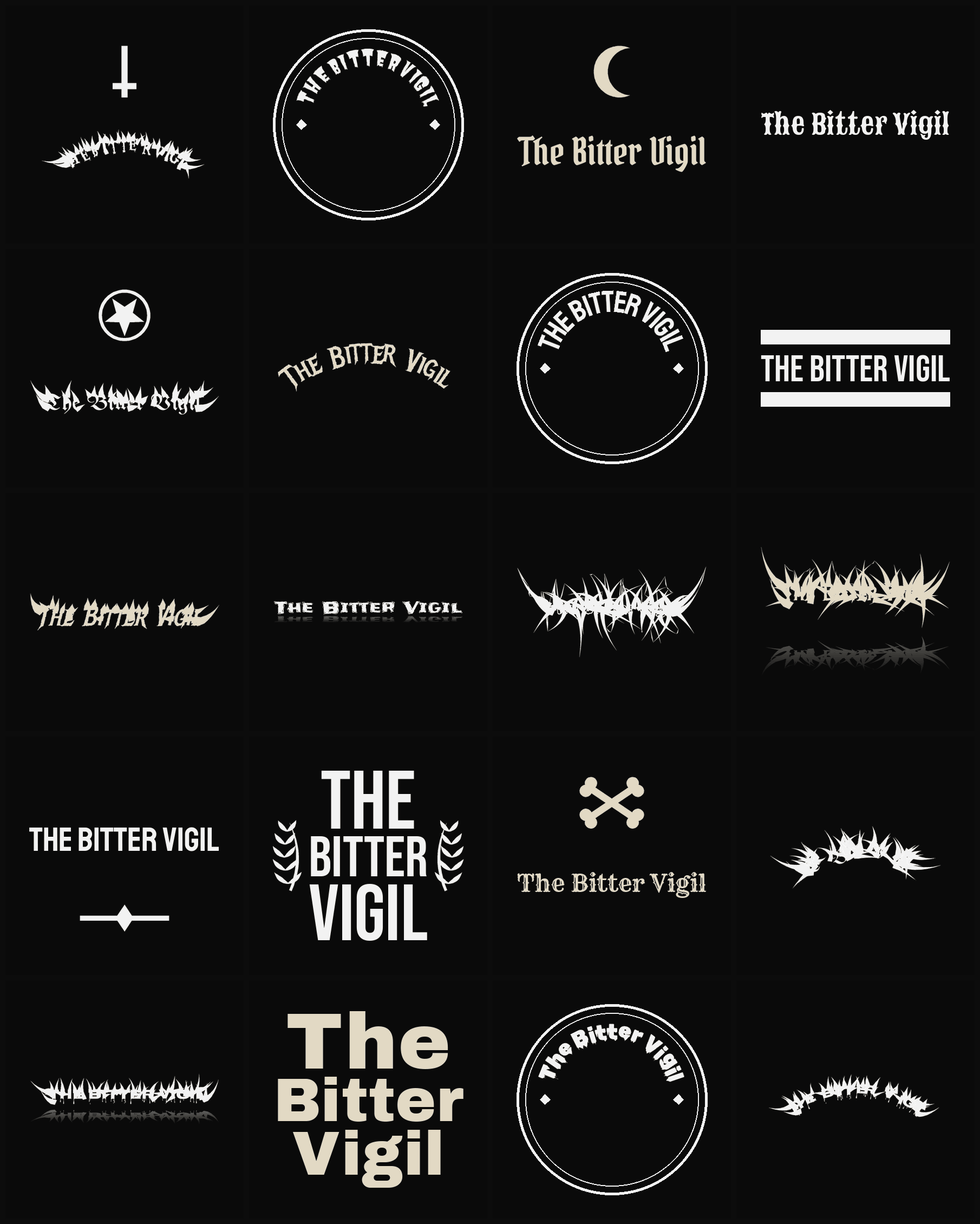 Twenty The Bitter Vigil band logo ideas — different faces, treatments and spike settings