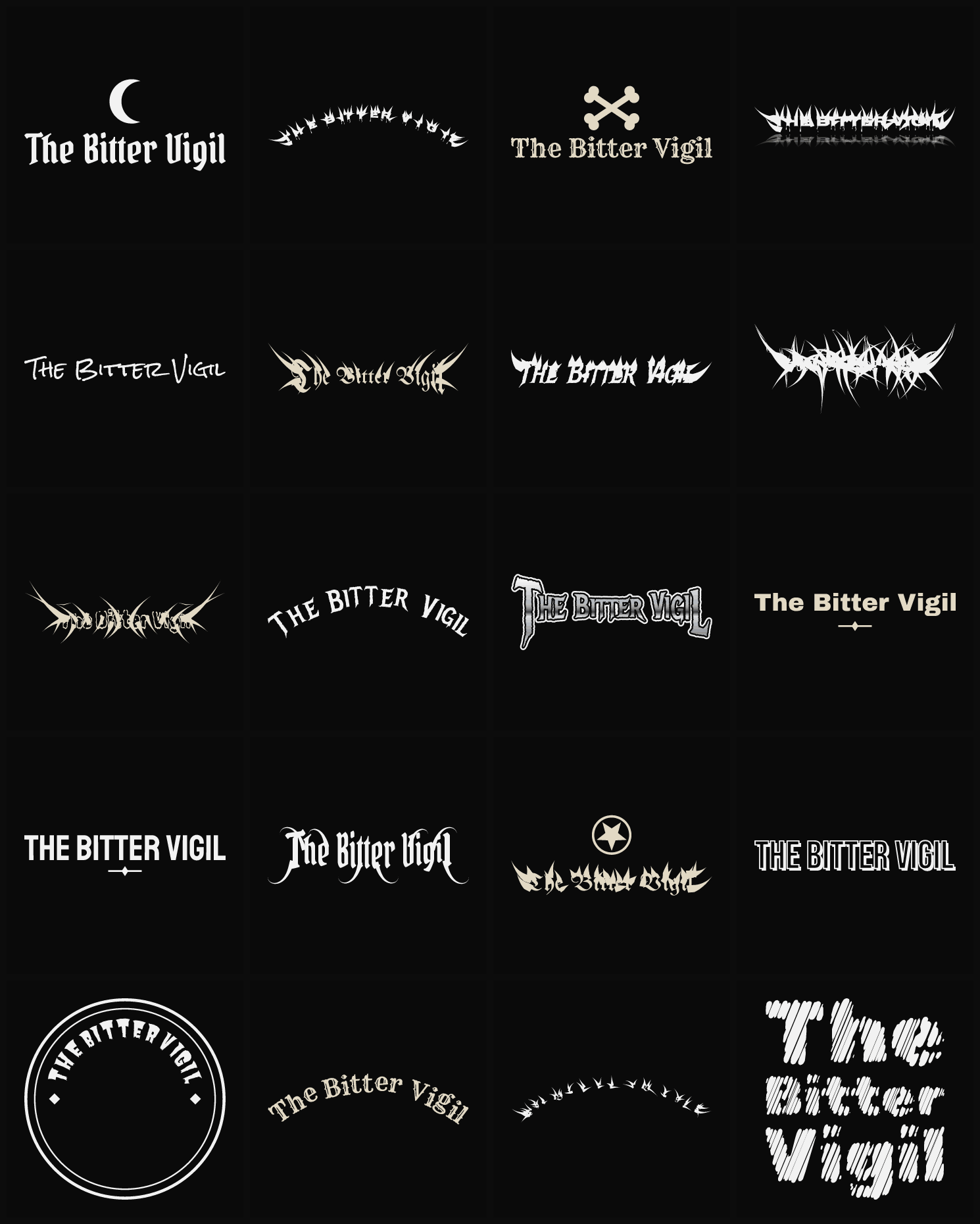 Twenty The Bitter Vigil band logo ideas — different faces, treatments and spike settings