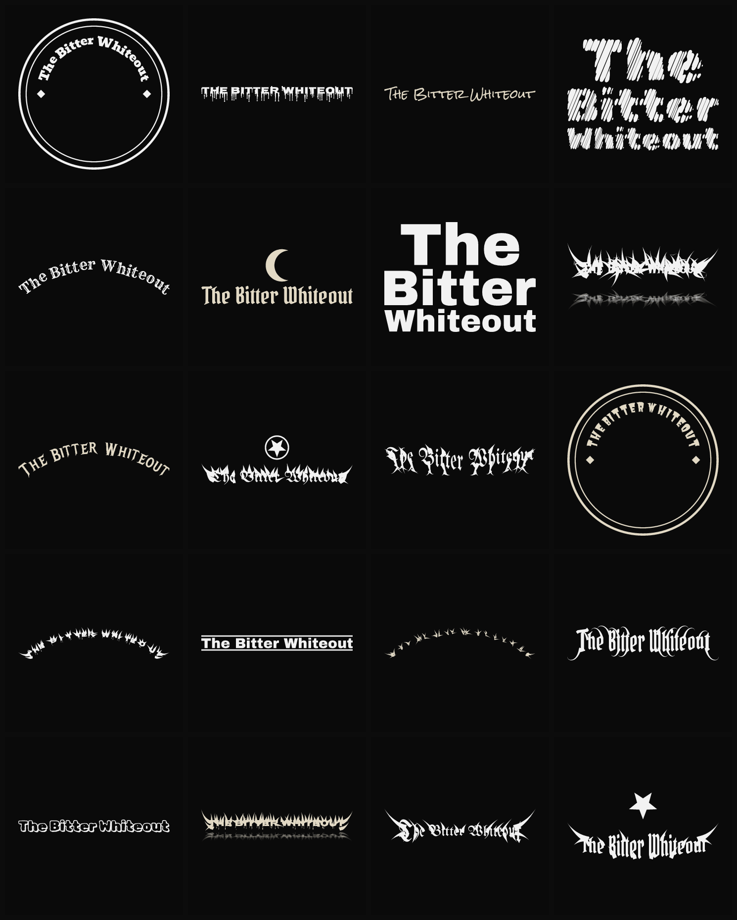 Twenty The Bitter Whiteout band logo ideas — different faces, treatments and spike settings