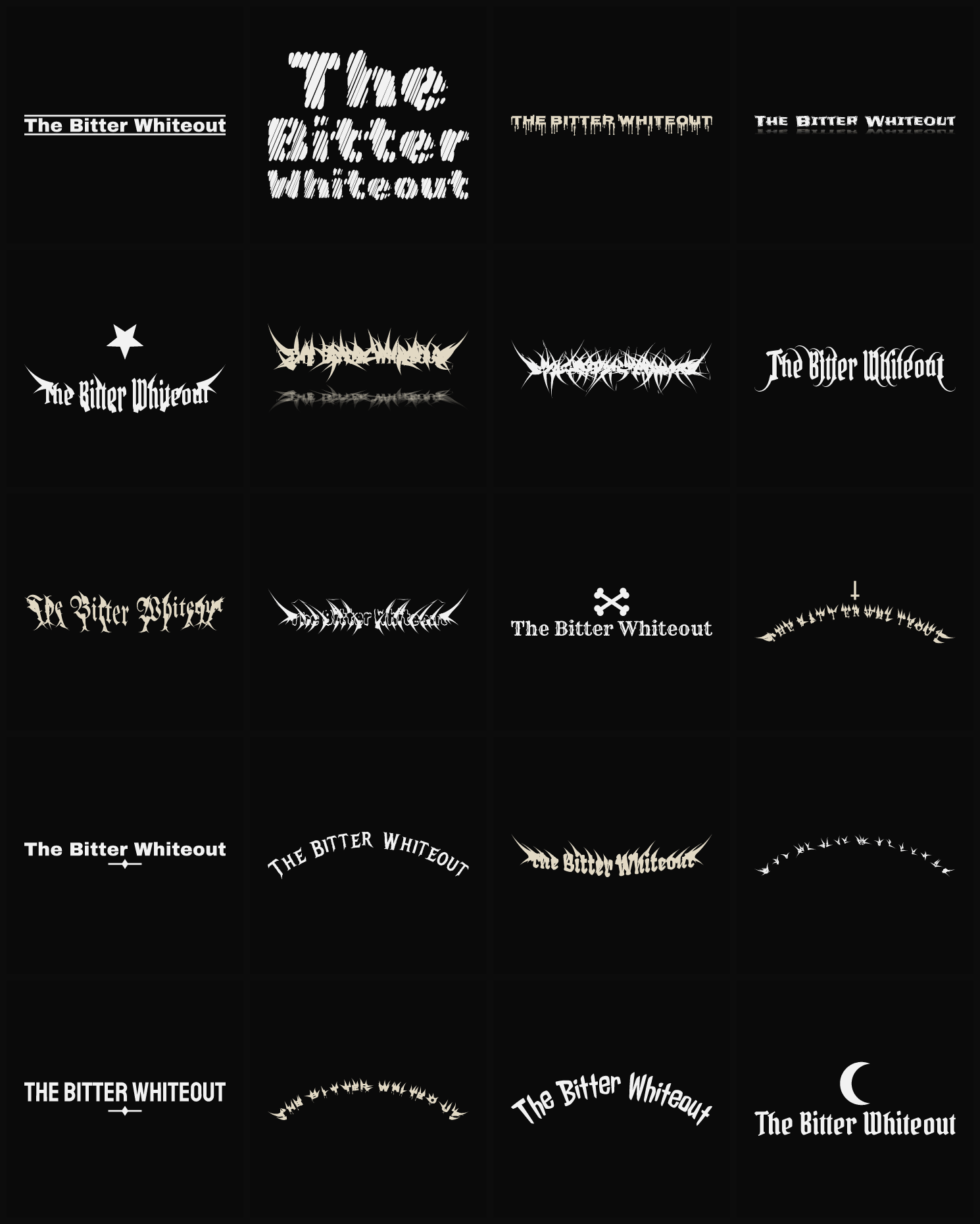 Twenty The Bitter Whiteout band logo ideas — different faces, treatments and spike settings