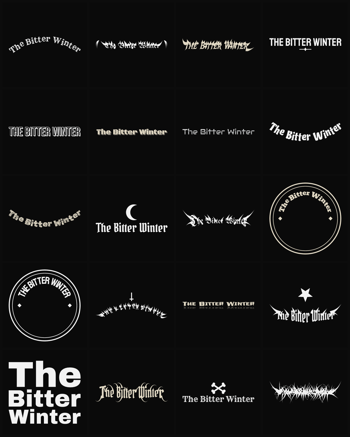 Twenty The Bitter Winter band logo ideas — different faces, treatments and spike settings