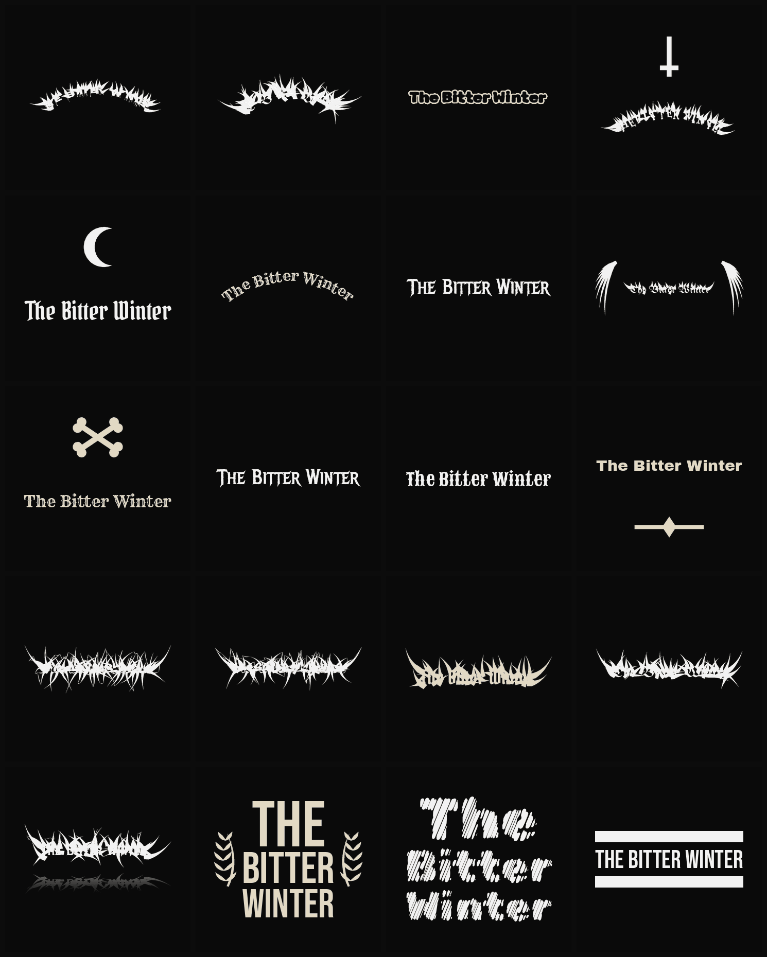 Twenty The Bitter Winter band logo ideas — different faces, treatments and spike settings