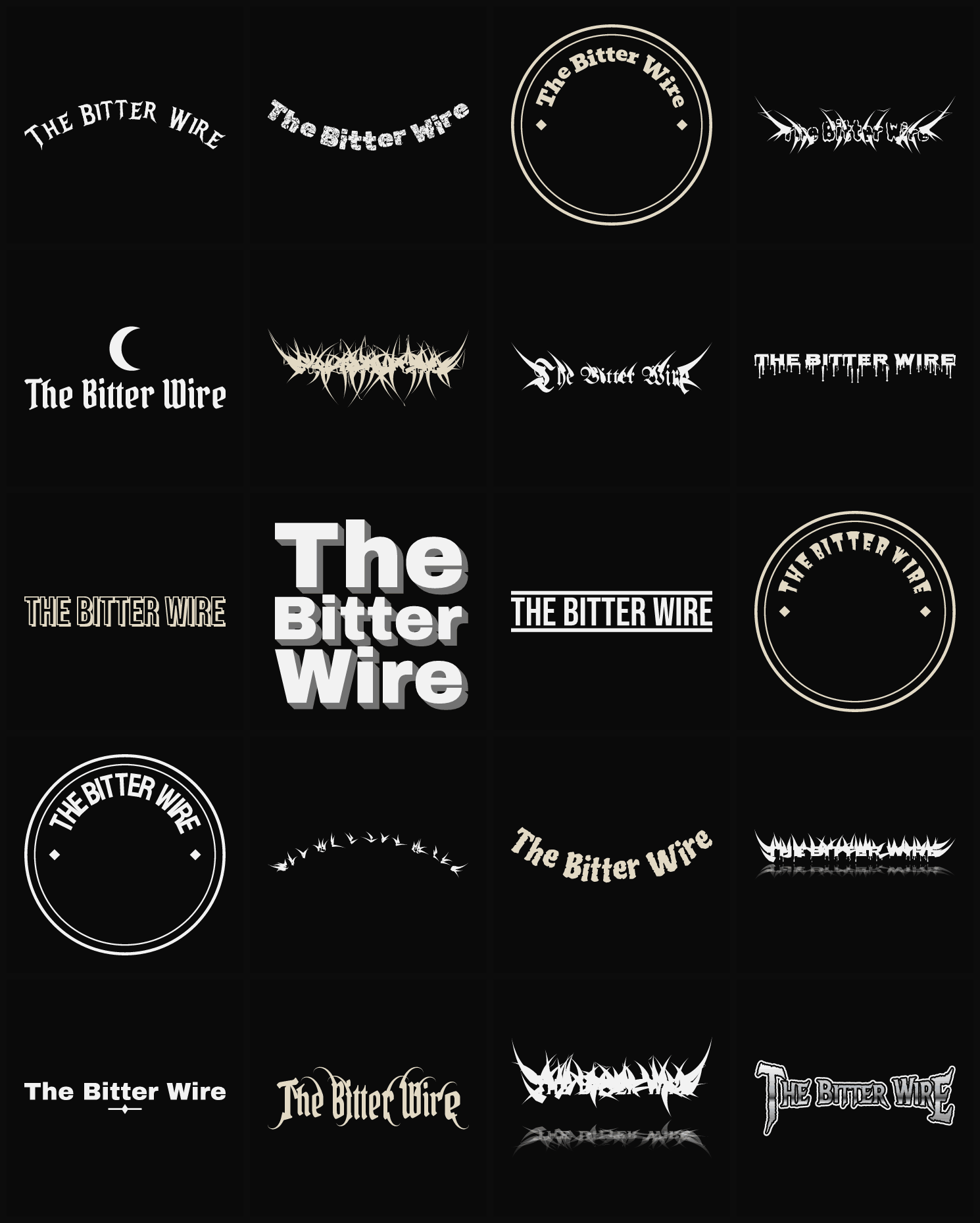 Twenty The Bitter Wire band logo ideas — different faces, treatments and spike settings