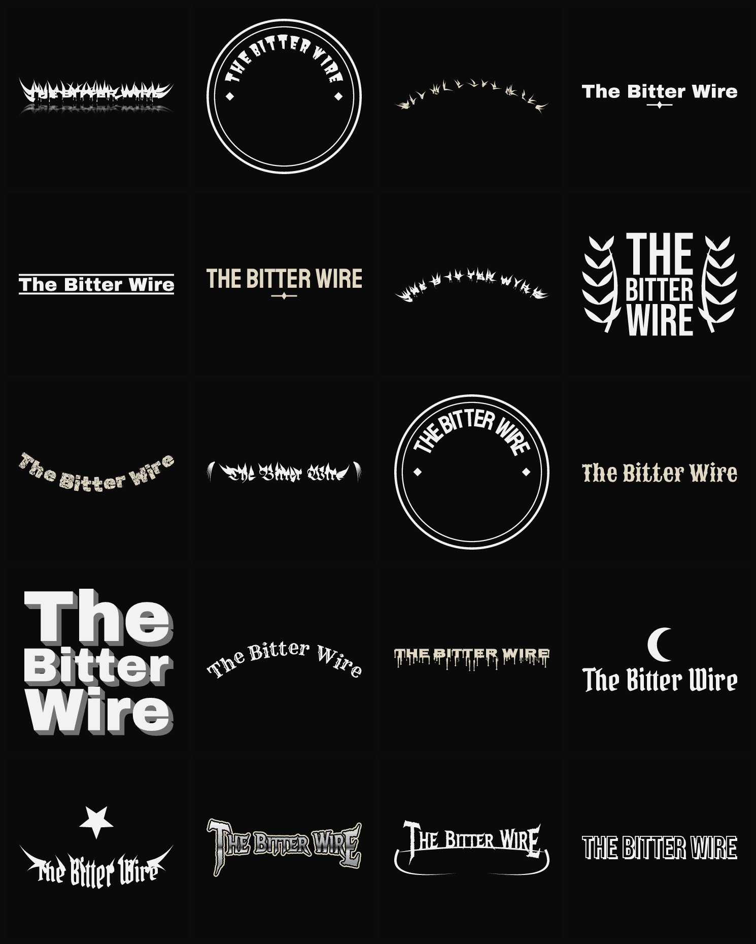 Twenty The Bitter Wire band logo ideas — different faces, treatments and spike settings