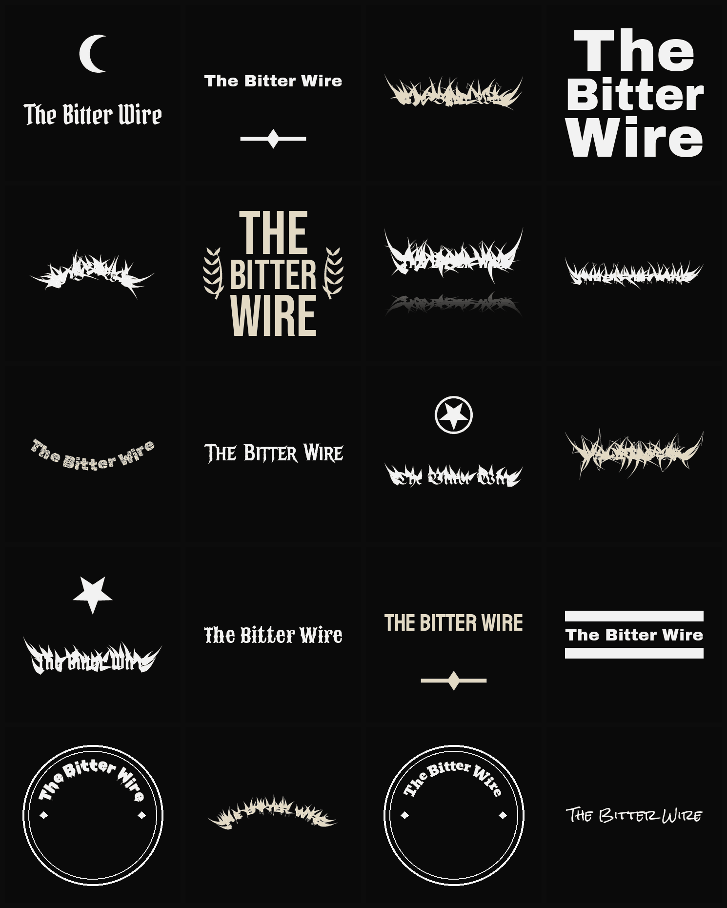 Twenty The Bitter Wire band logo ideas — different faces, treatments and spike settings