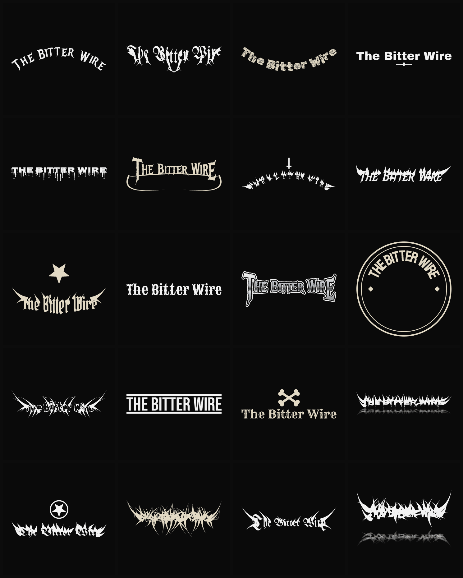 Twenty The Bitter Wire band logo ideas — different faces, treatments and spike settings