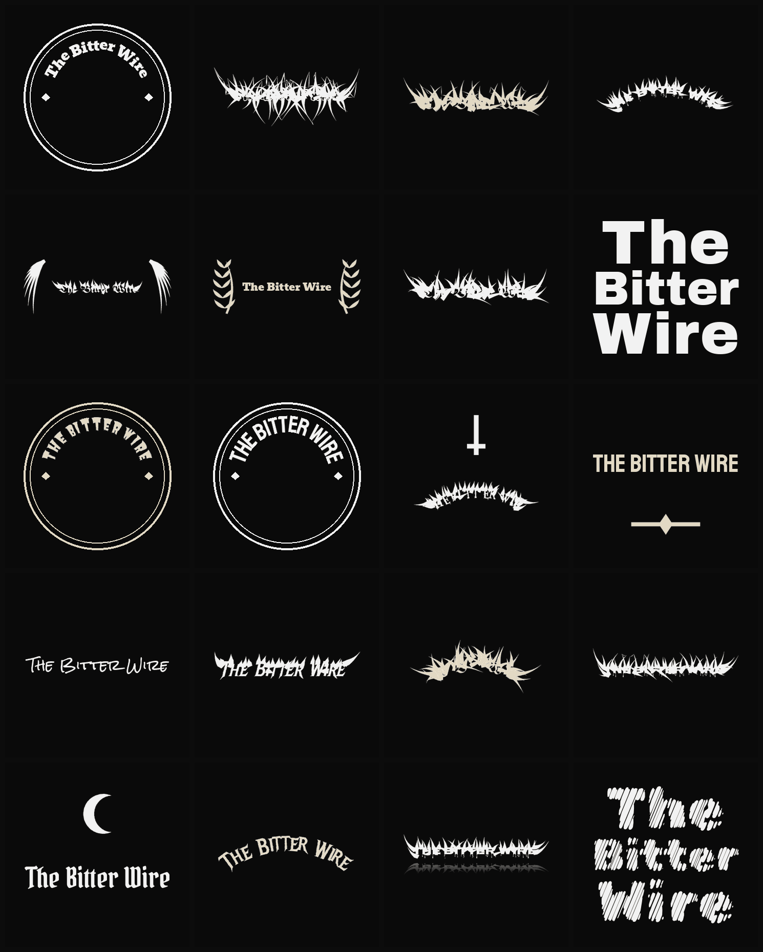 Twenty The Bitter Wire band logo ideas — different faces, treatments and spike settings