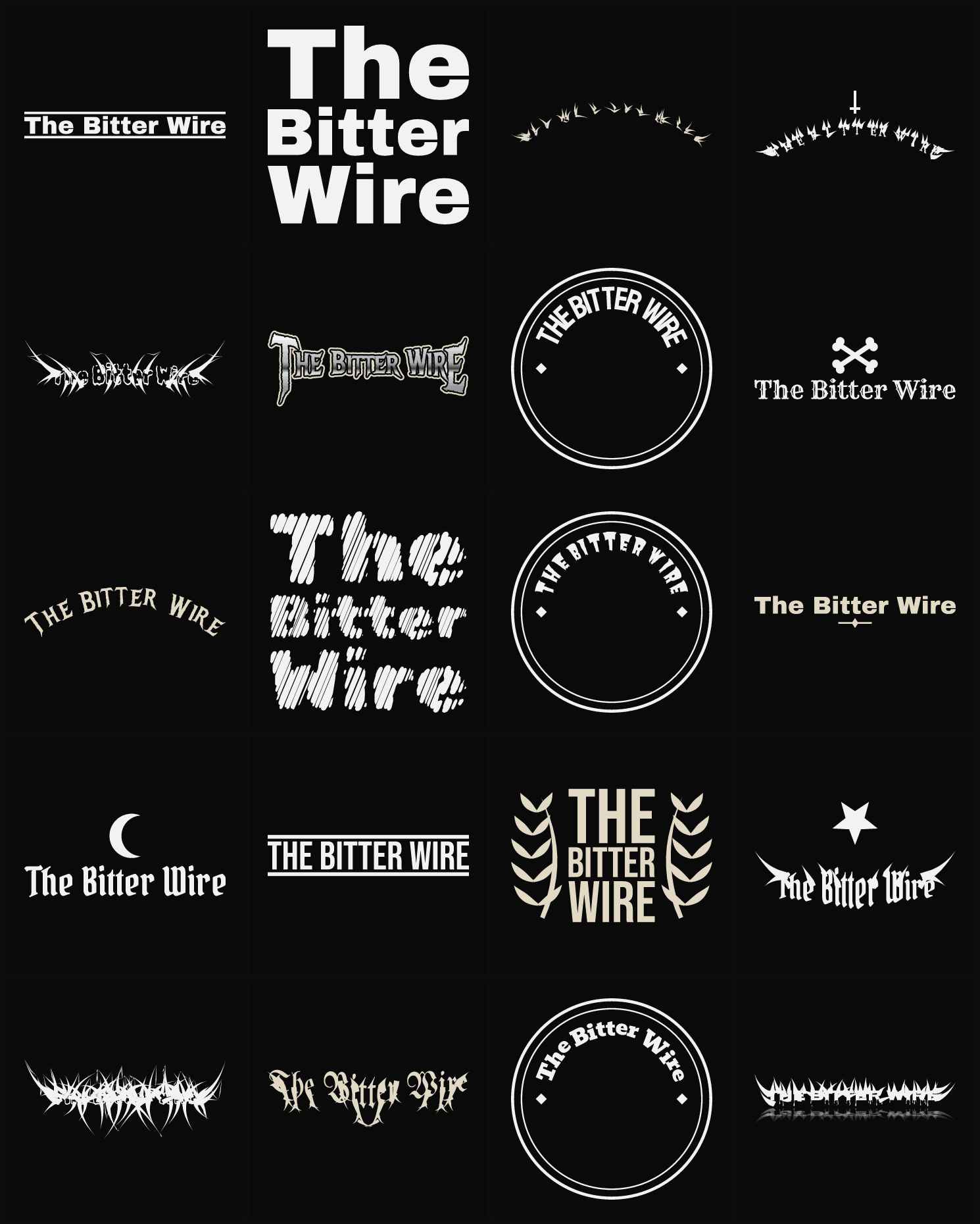 Twenty The Bitter Wire band logo ideas — different faces, treatments and spike settings