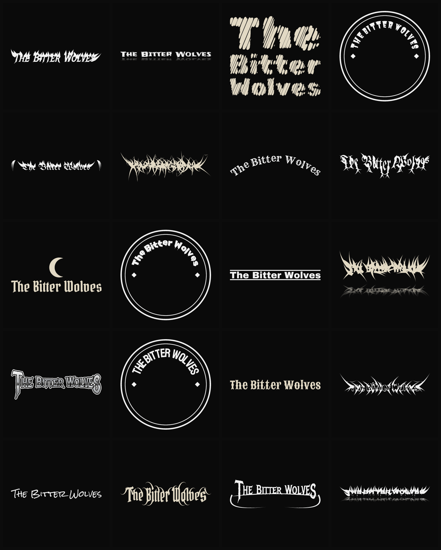Twenty The Bitter Wolves band logo ideas — different faces, treatments and spike settings