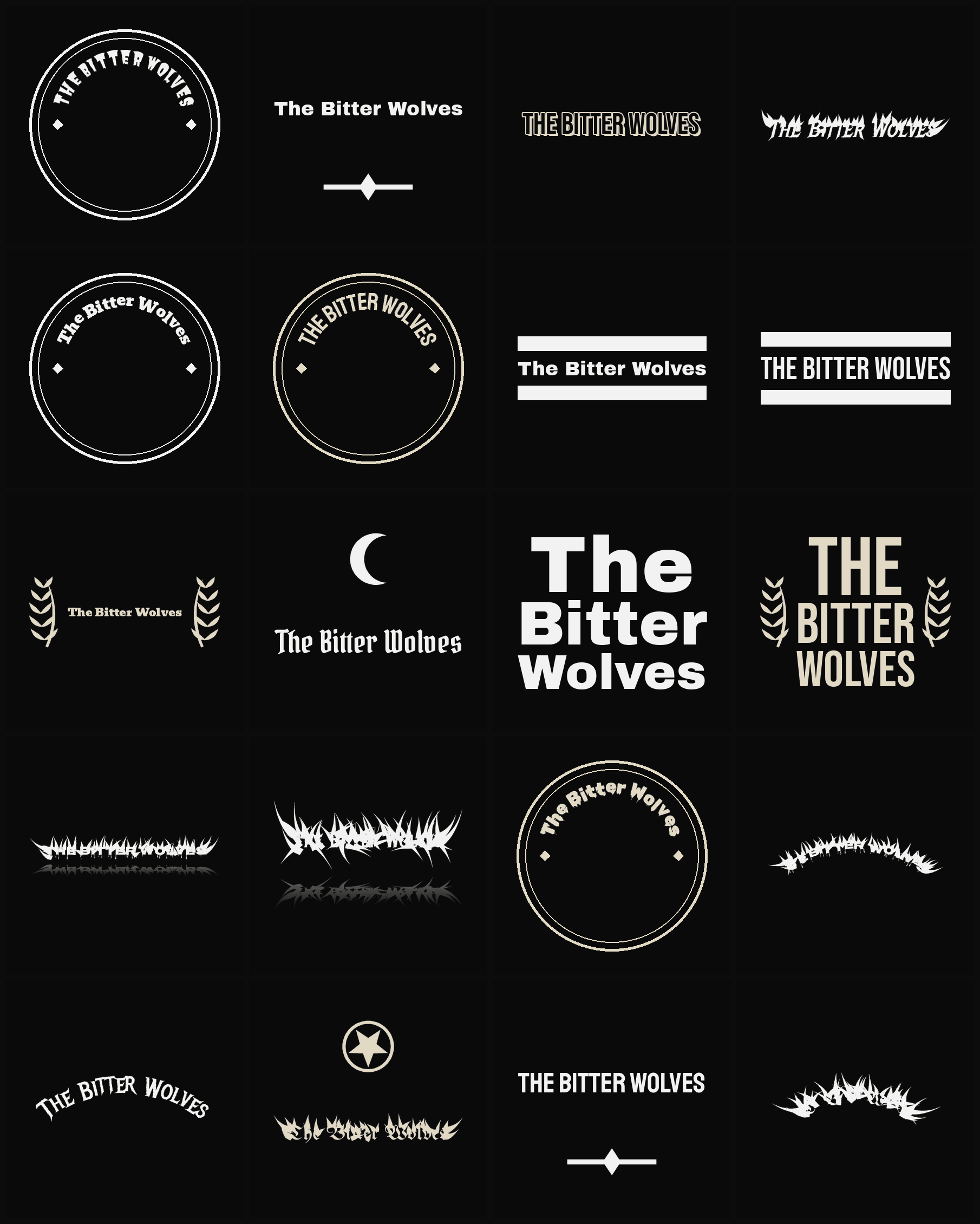 Twenty The Bitter Wolves band logo ideas — different faces, treatments and spike settings