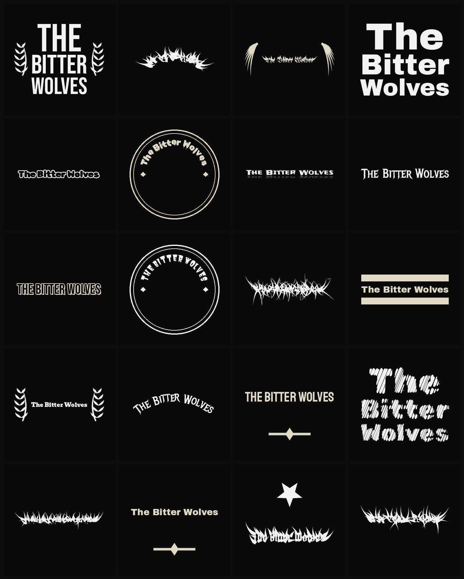 Twenty The Bitter Wolves band logo ideas — different faces, treatments and spike settings