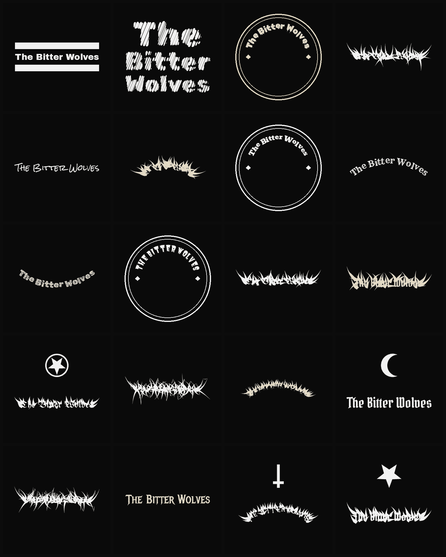 Twenty The Bitter Wolves band logo ideas — different faces, treatments and spike settings