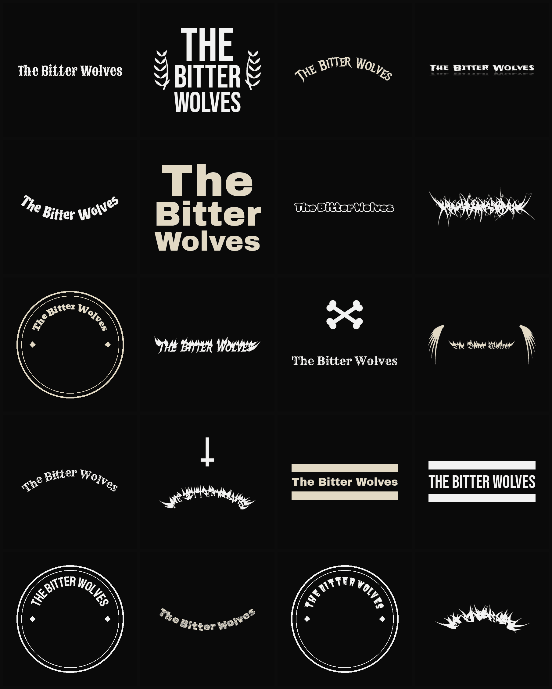 Twenty The Bitter Wolves band logo ideas — different faces, treatments and spike settings