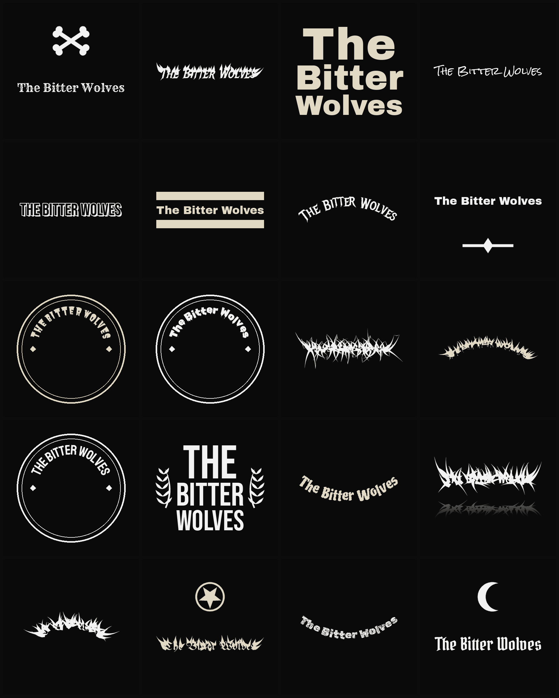 Twenty The Bitter Wolves band logo ideas — different faces, treatments and spike settings