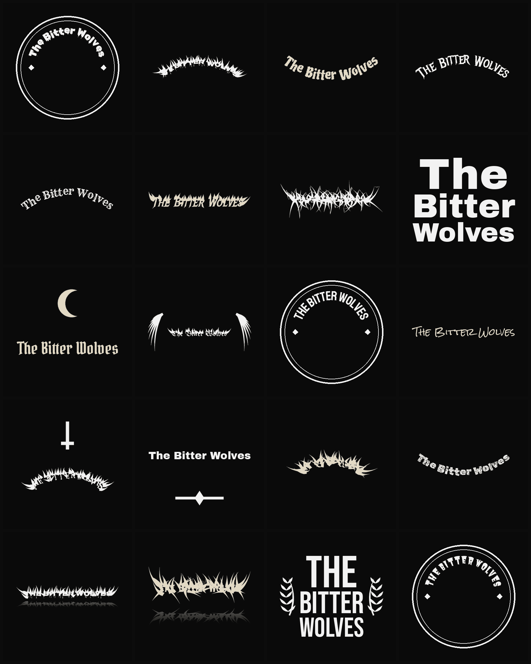 Twenty The Bitter Wolves band logo ideas — different faces, treatments and spike settings