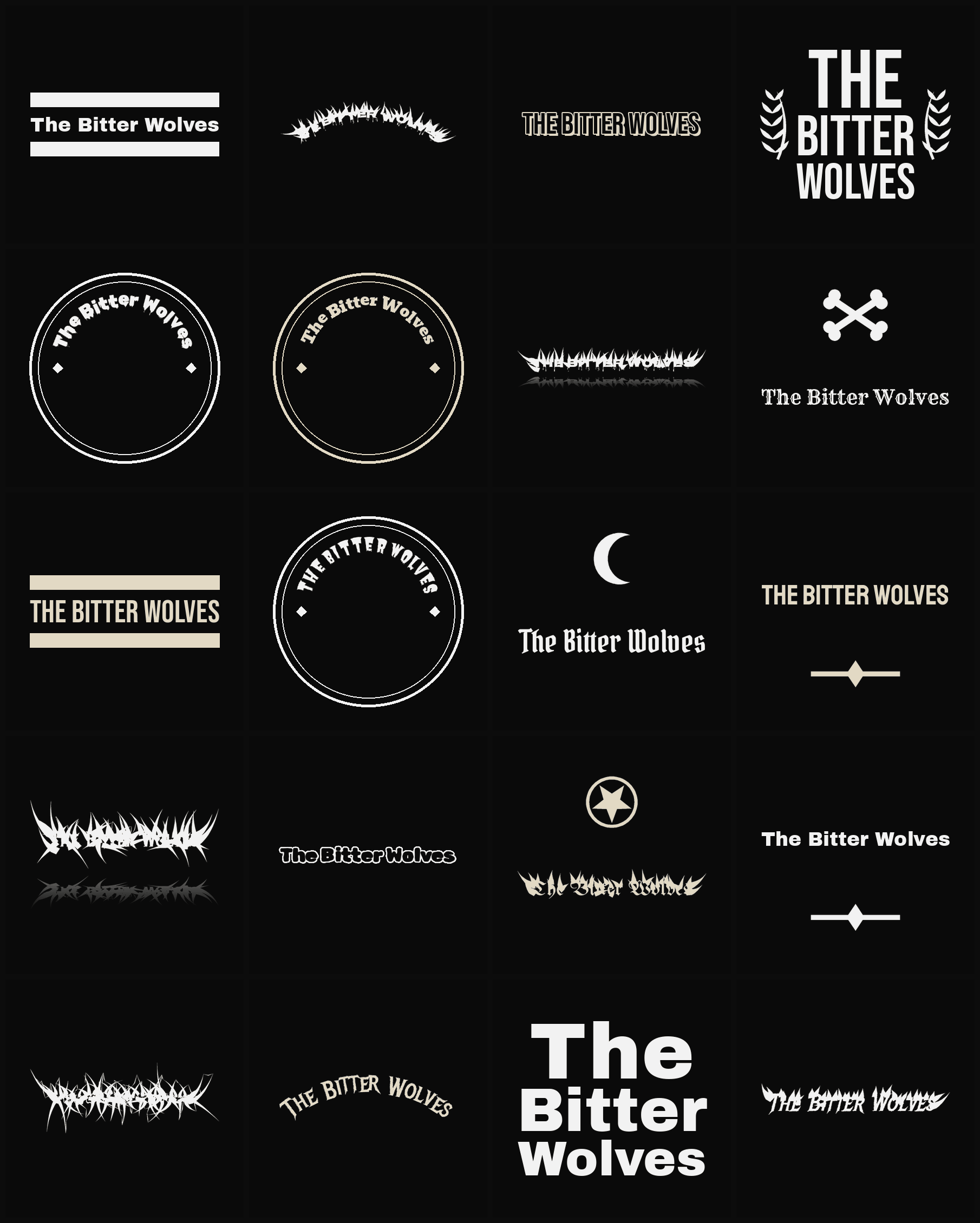 Twenty The Bitter Wolves band logo ideas — different faces, treatments and spike settings