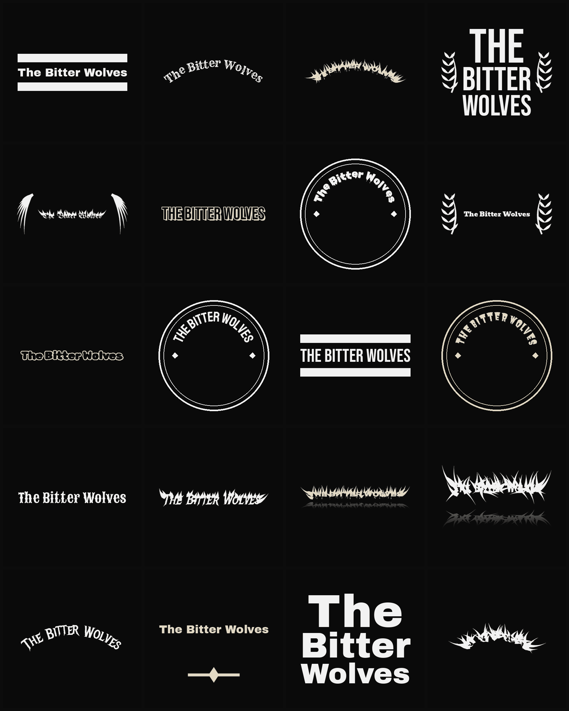 Twenty The Bitter Wolves band logo ideas — different faces, treatments and spike settings
