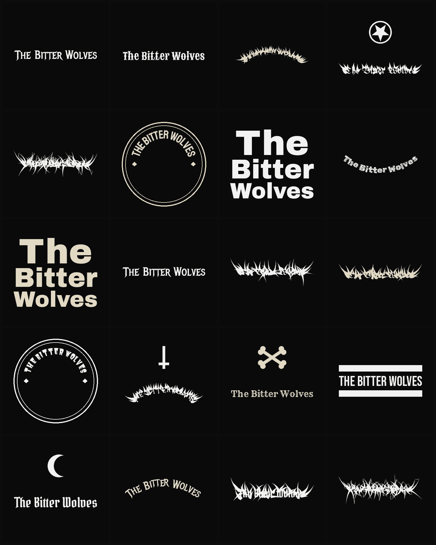Twenty The Bitter Wolves band logo ideas — different faces, treatments and spike settings