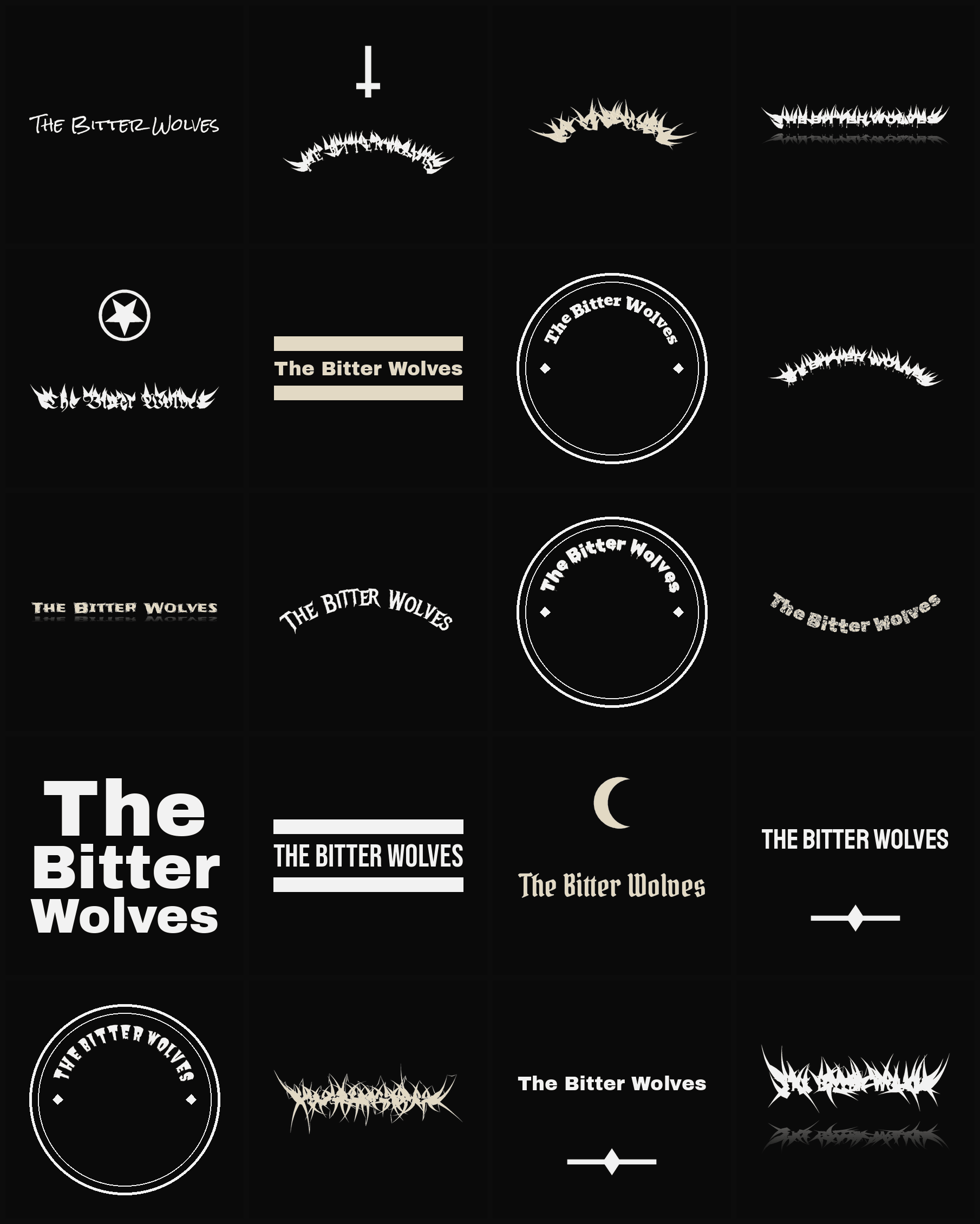Twenty The Bitter Wolves band logo ideas — different faces, treatments and spike settings