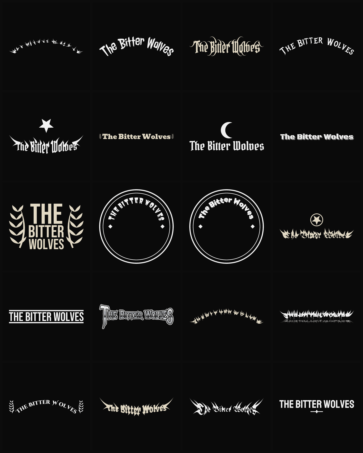 Twenty The Bitter Wolves band logo ideas — different faces, treatments and spike settings