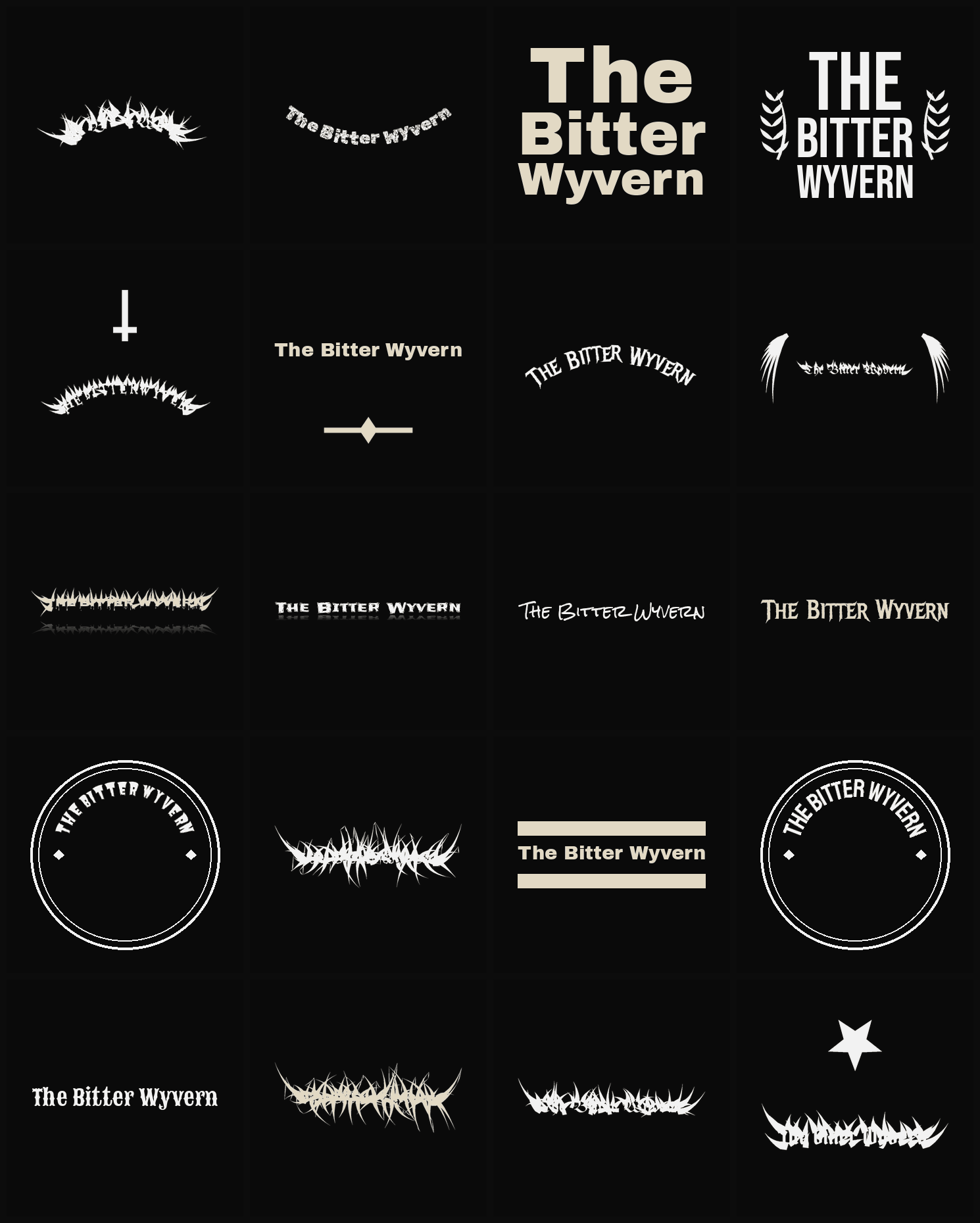 Twenty The Bitter Wyvern band logo ideas — different faces, treatments and spike settings