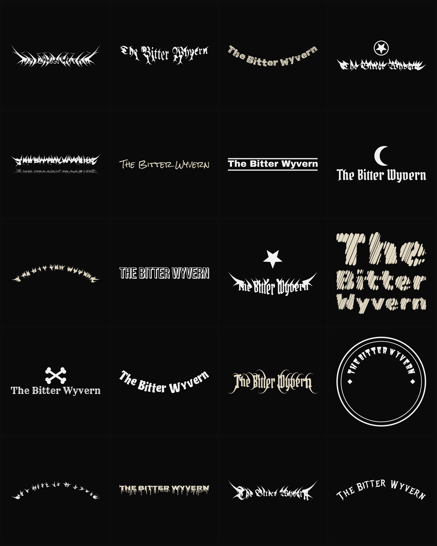 Twenty The Bitter Wyvern band logo ideas — different faces, treatments and spike settings