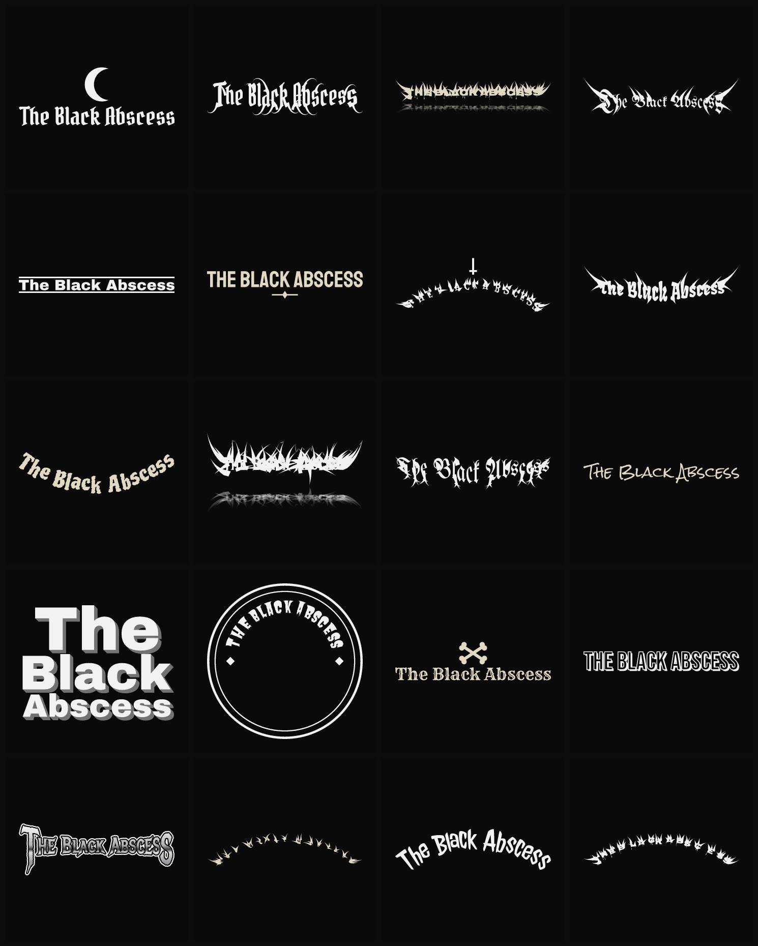 Twenty The Black Abscess band logo ideas — different faces, treatments and spike settings