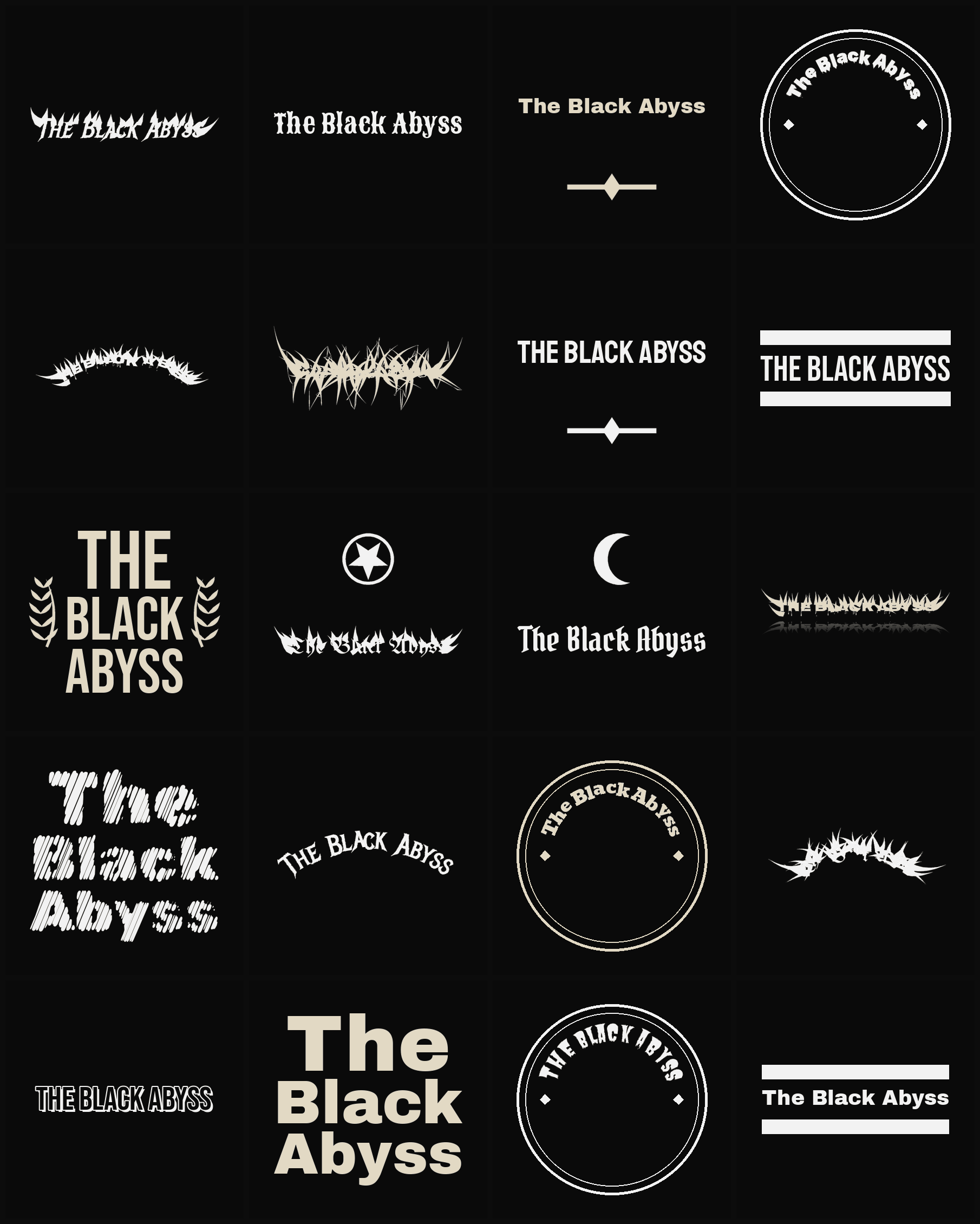 Twenty The Black Abyss band logo ideas — different faces, treatments and spike settings
