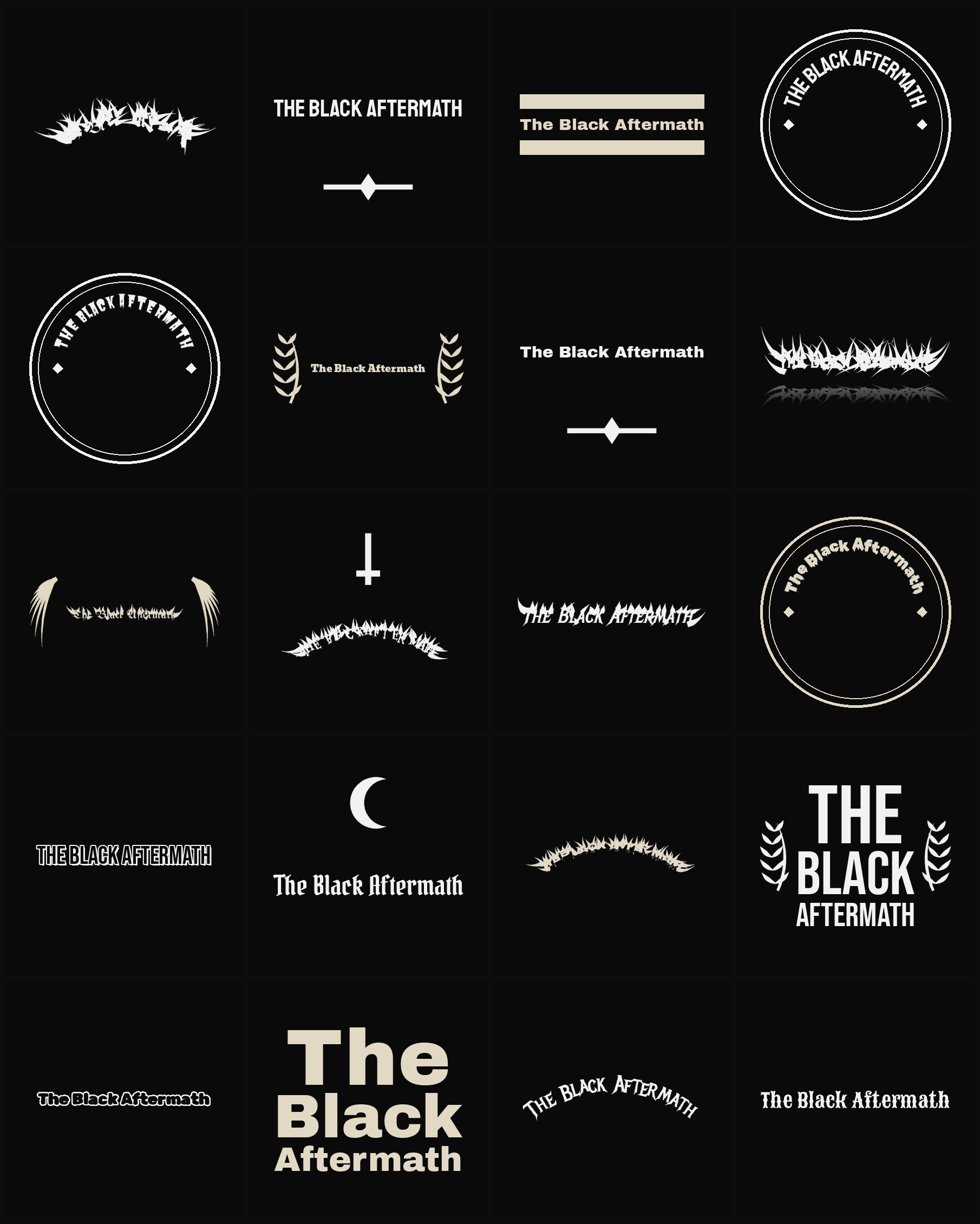 Twenty The Black Aftermath band logo ideas — different faces, treatments and spike settings