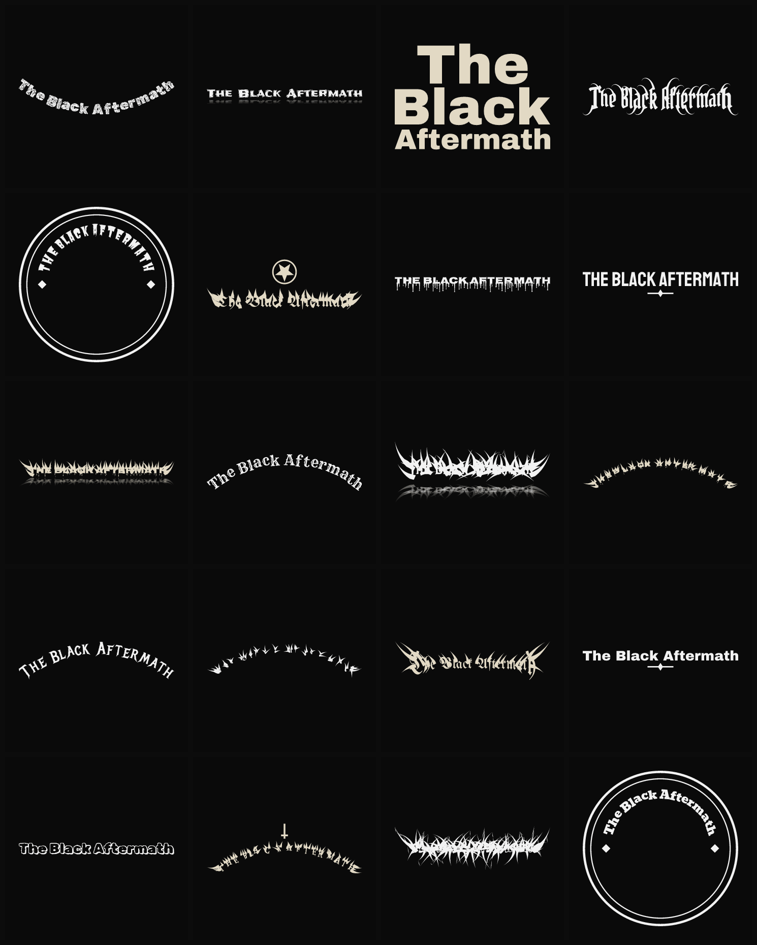 Twenty The Black Aftermath band logo ideas — different faces, treatments and spike settings