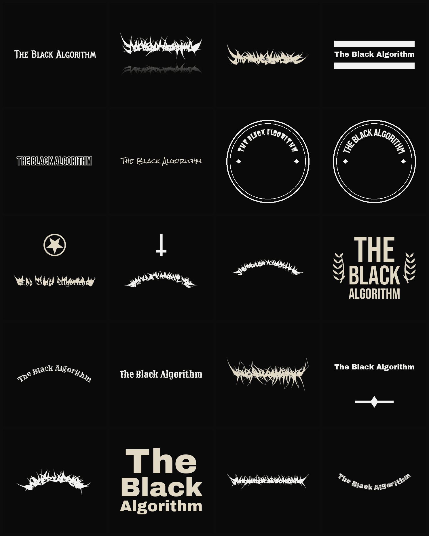 Twenty The Black Algorithm band logo ideas — different faces, treatments and spike settings