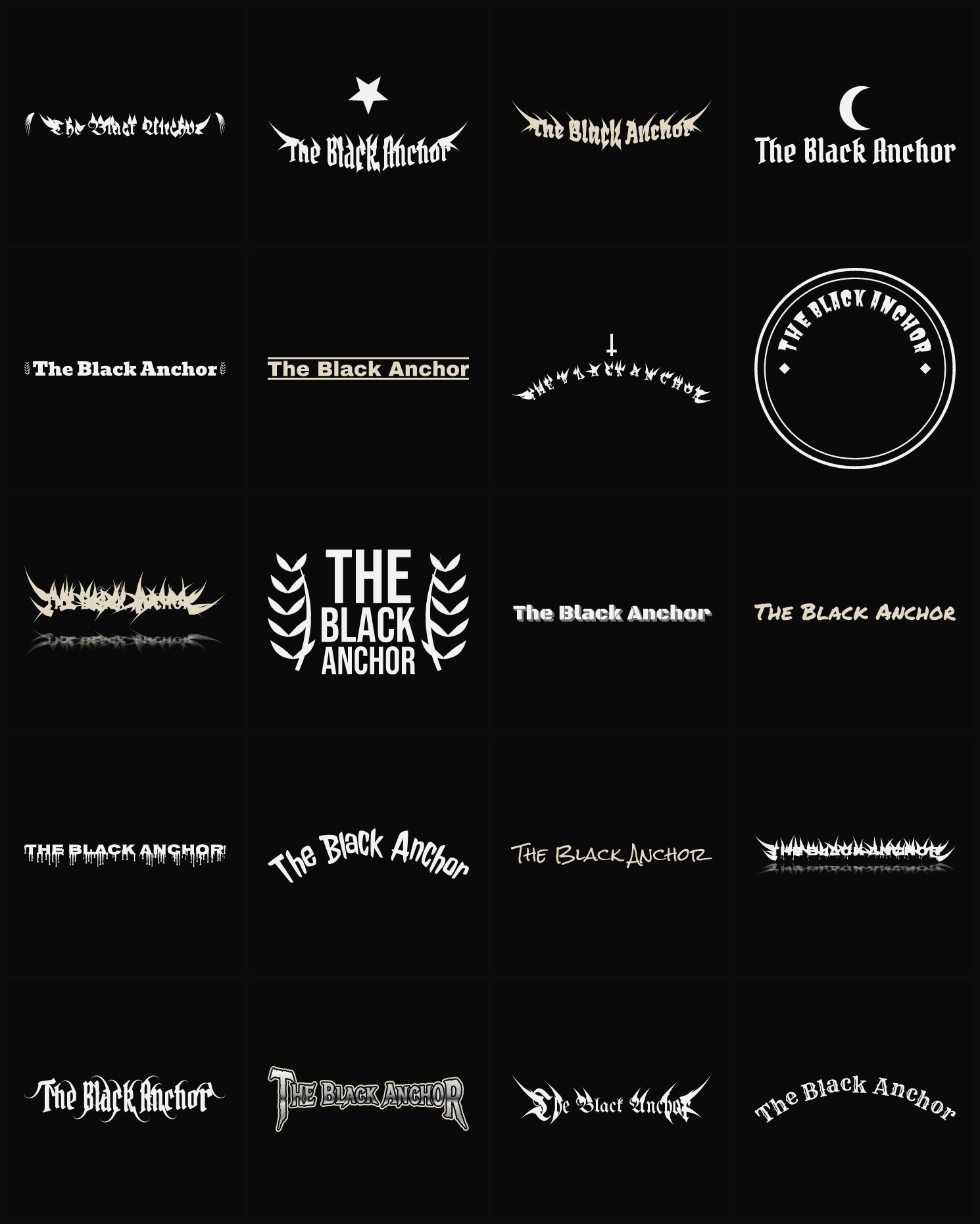Twenty The Black Anchor band logo ideas — different faces, treatments and spike settings