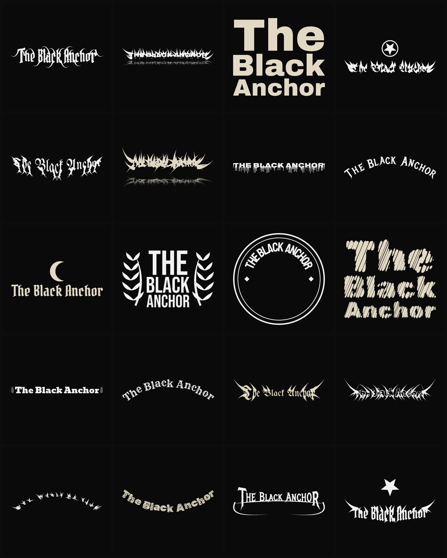 Twenty The Black Anchor band logo ideas — different faces, treatments and spike settings